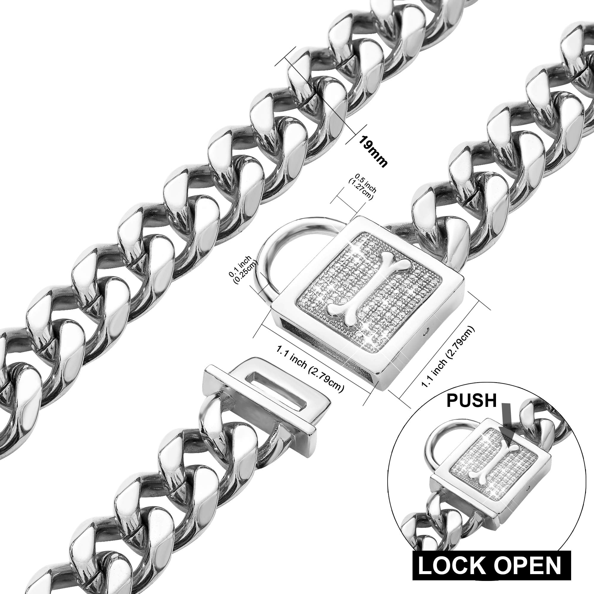 Pradog Dog Collar With Zirconia Locking 19Mm Hand Polished Stainless Steel Metal Puppy Collar Luxury Dog Bling Necklace Small Medium (19Mm, 22')