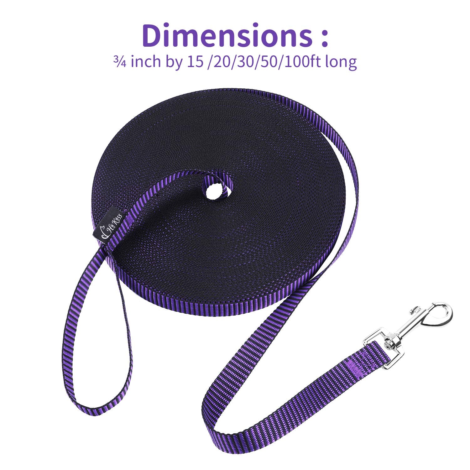 Hi Kiss Dog/Puppy Obedience Recall Training Agility Lead - 15Ft 20Ft 30Ft 50Ft 100Ft Training Leash - Great For Training, Play, Camping, Or Backyard(20Ft,Black_Purple)
