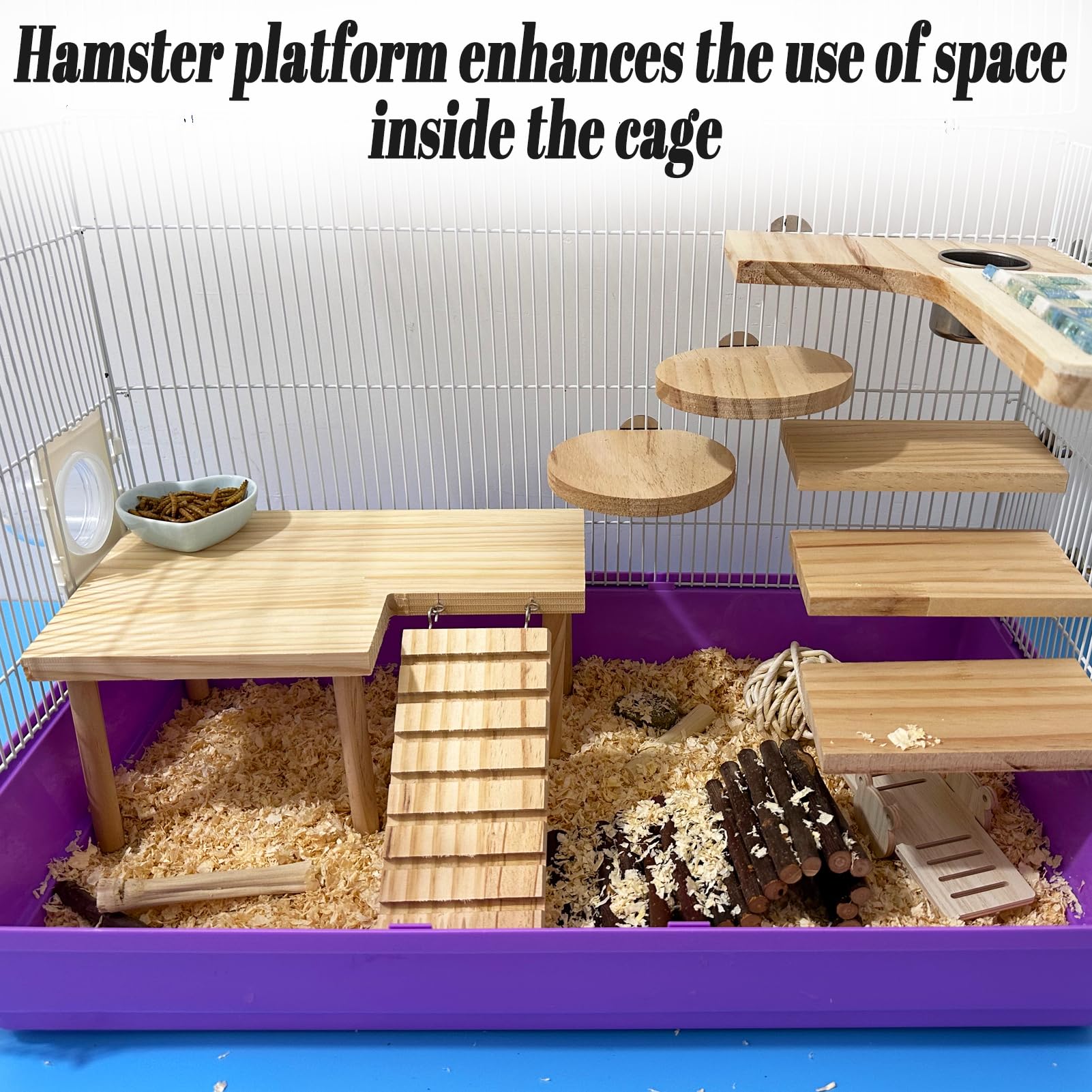 Niwaes Wooden Hamster Platform With Legs, Small Syrian Hamsters Climbing Platforms With Ramp Kit Wood Ladder Bridge Rat Playing