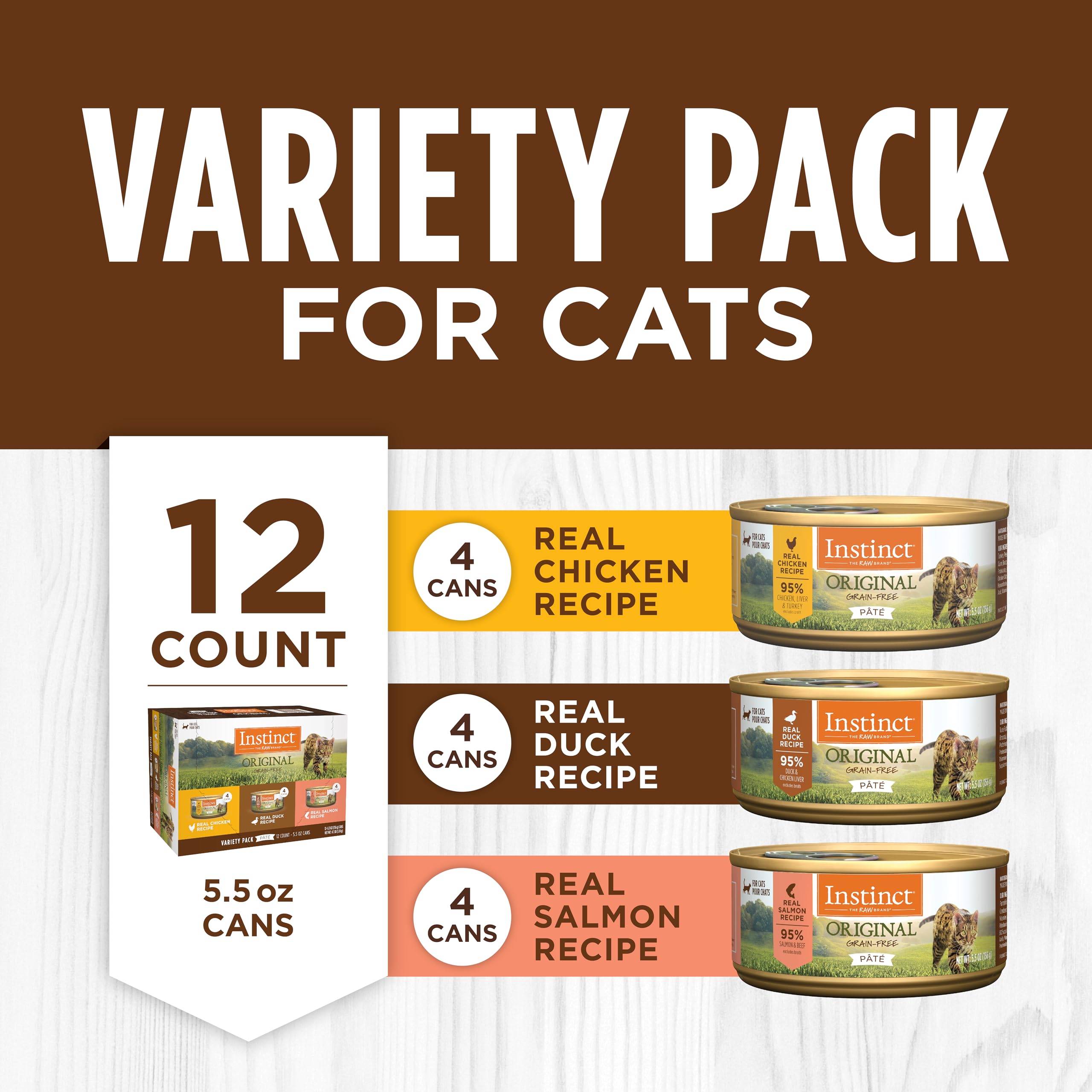 Instinct Original Grain Free Recipe Variety Pack Natural Wet Canned Cat Food by Natures Variety, 5.5 oz. Cans (Pack of 12)
