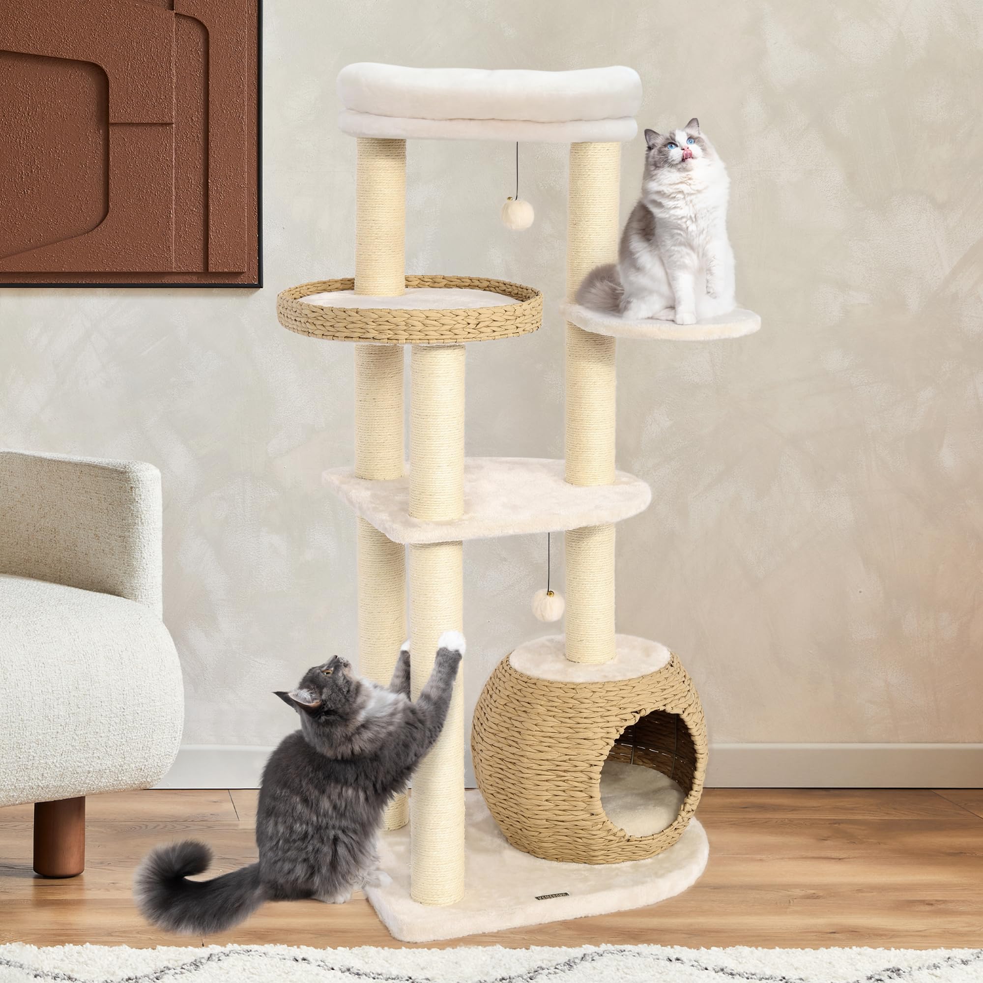 Kamaboko Modern Cat Tree, 53 Tall Cat Trees For Indoor Cats, Cat Condo Natural Sisal With Scratching Posts, Hand-Woven Tower &