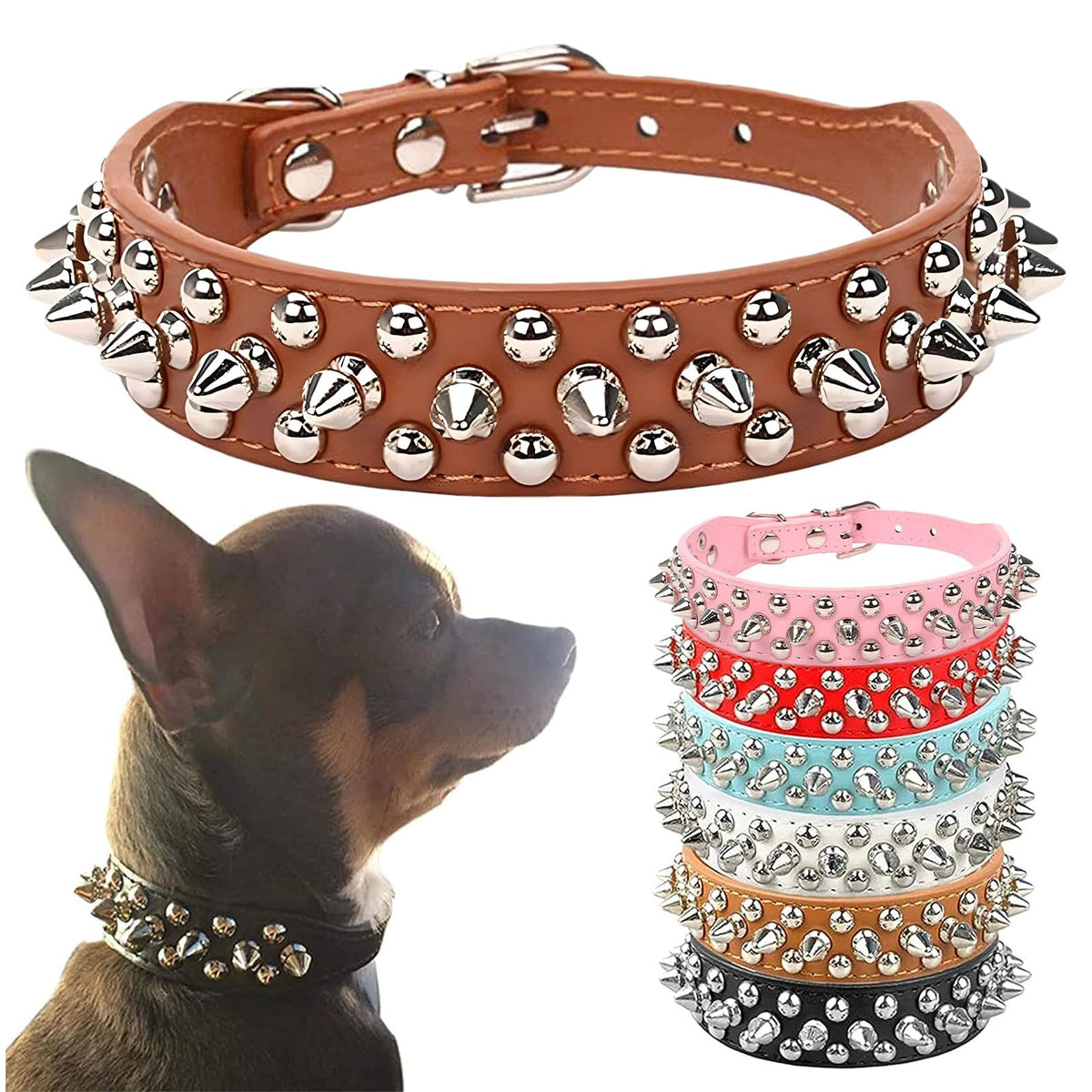 Petcare Spiked Dog Collar Brown Soft Pu Leather Funny Mushrooms Rivet Spike Studded Puppy Collar Adjustable Outdoor Pet Dog Coll