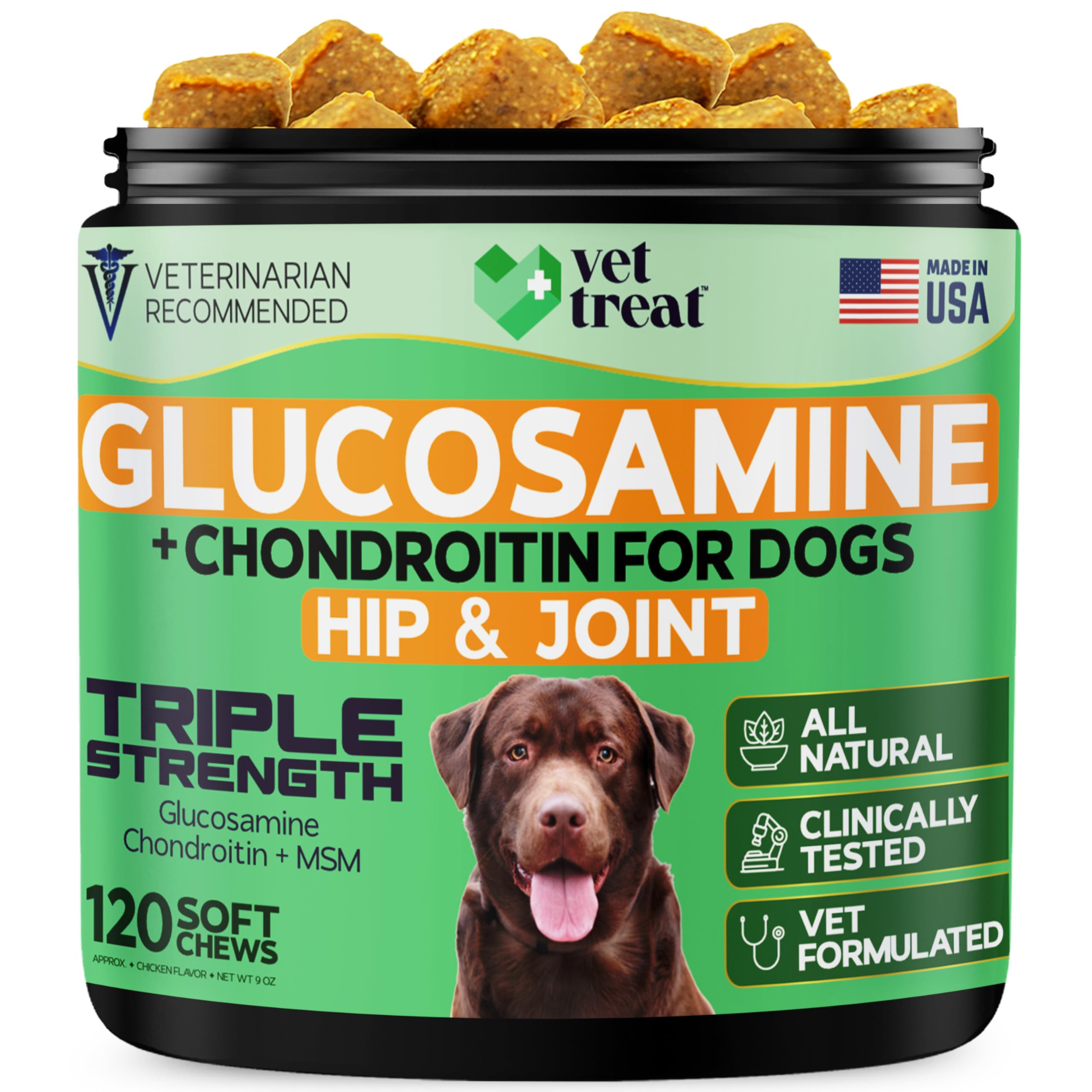Hemp Hip and Joint Supplement for Dogs - Glucosamine for Dogs -Made in USA- 120 Treats Pain Relief Anti Inflammatory - Chondroit