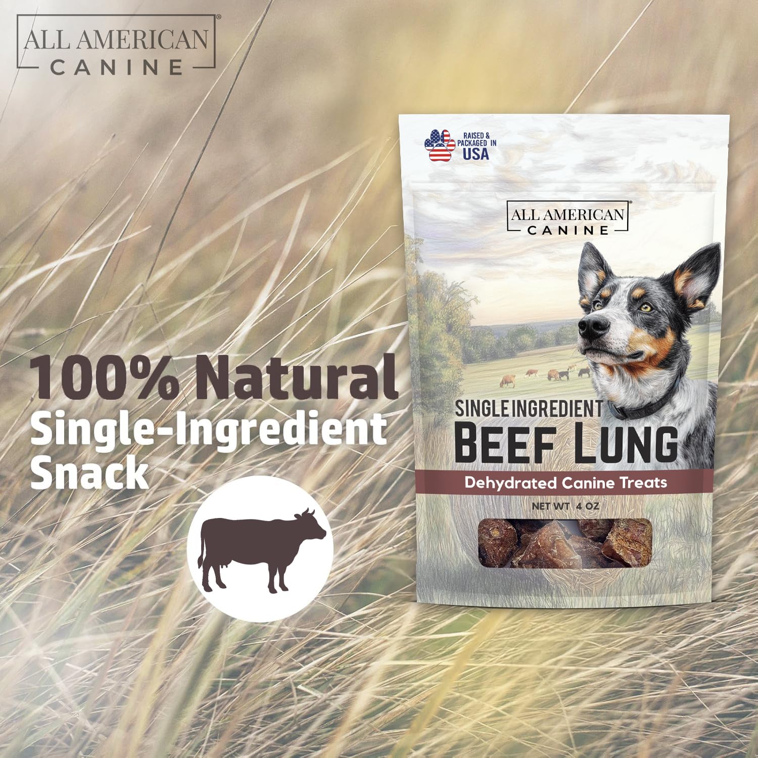 All American Canine Beef Lung Dog Treats 4oz - Single Ingredient, Dehydrated High Protein Low FatTraining Snacks - All Natural a