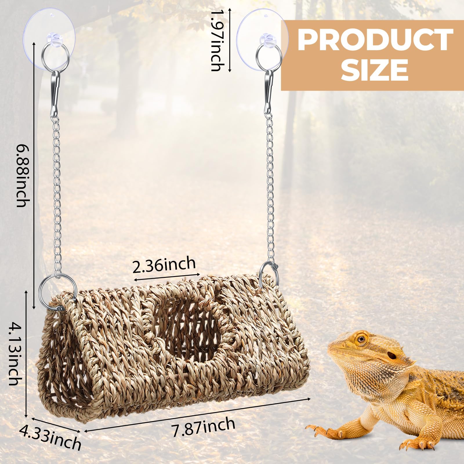 CroBlissful Reptile Hide Cave Hollow Cave Hideout with 2 Pcs Suction Cup and Chains Gecko Hide Reptile Tank Decor Seagrass Fiber