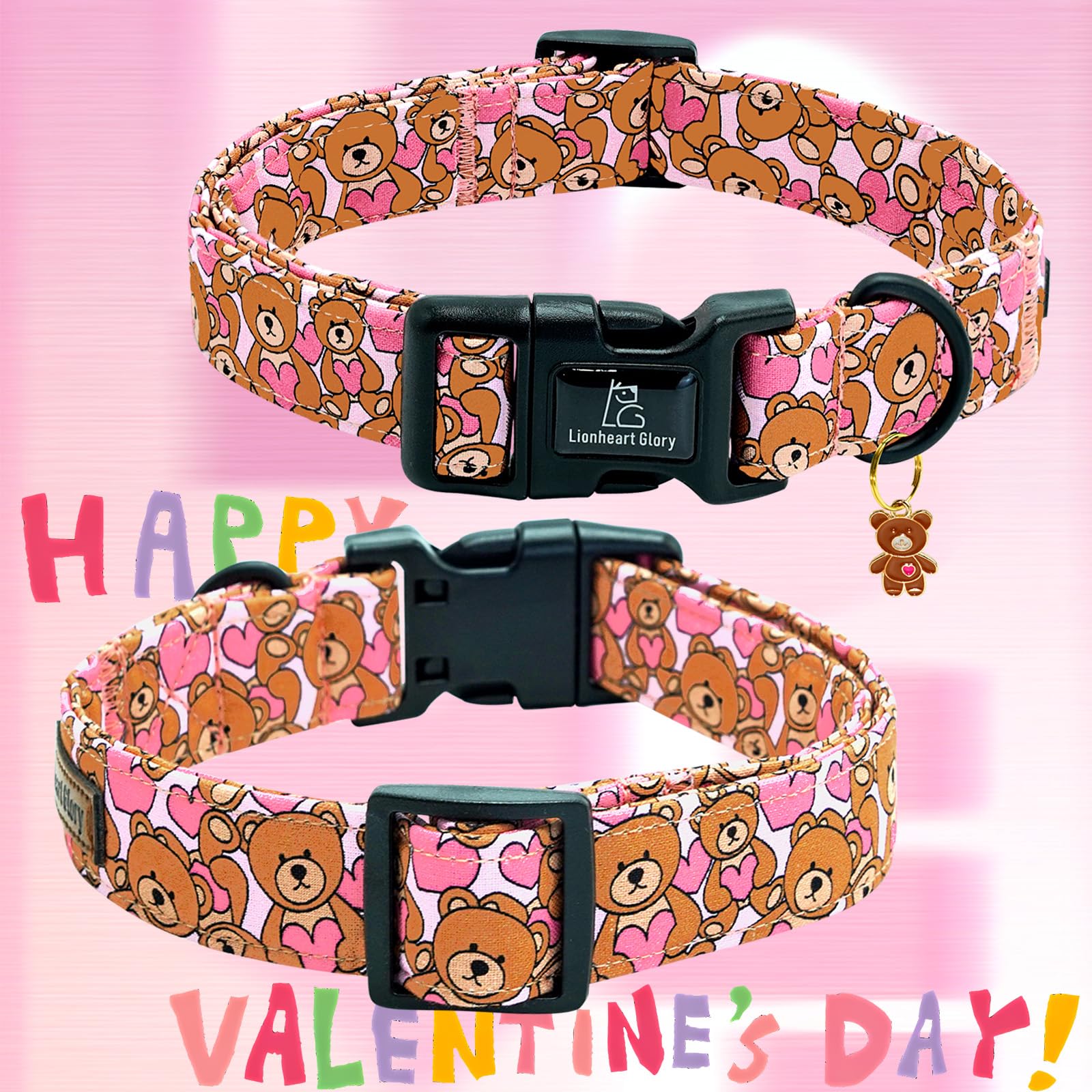 Lionheart Glory Valentine Collar-Bear Hearts Print Dog Collar For X-Small Cute Pink Dog Collars Spring Female Pet Gift Adjustabl