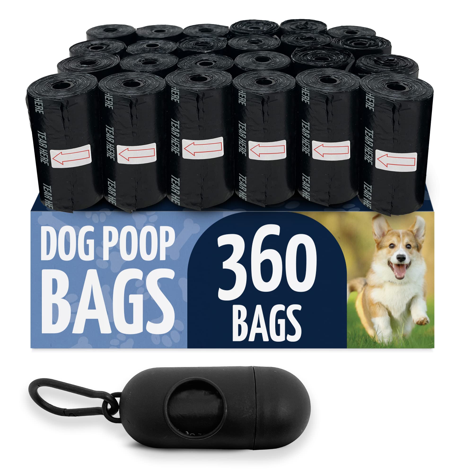 Reli. Dog Poop Bags w/Holder (360 Pack - 24 Rolls) | Leash Clip Dispenser | 9x13'' Large Dog Bag for Poop | Black Pet Waste Carr