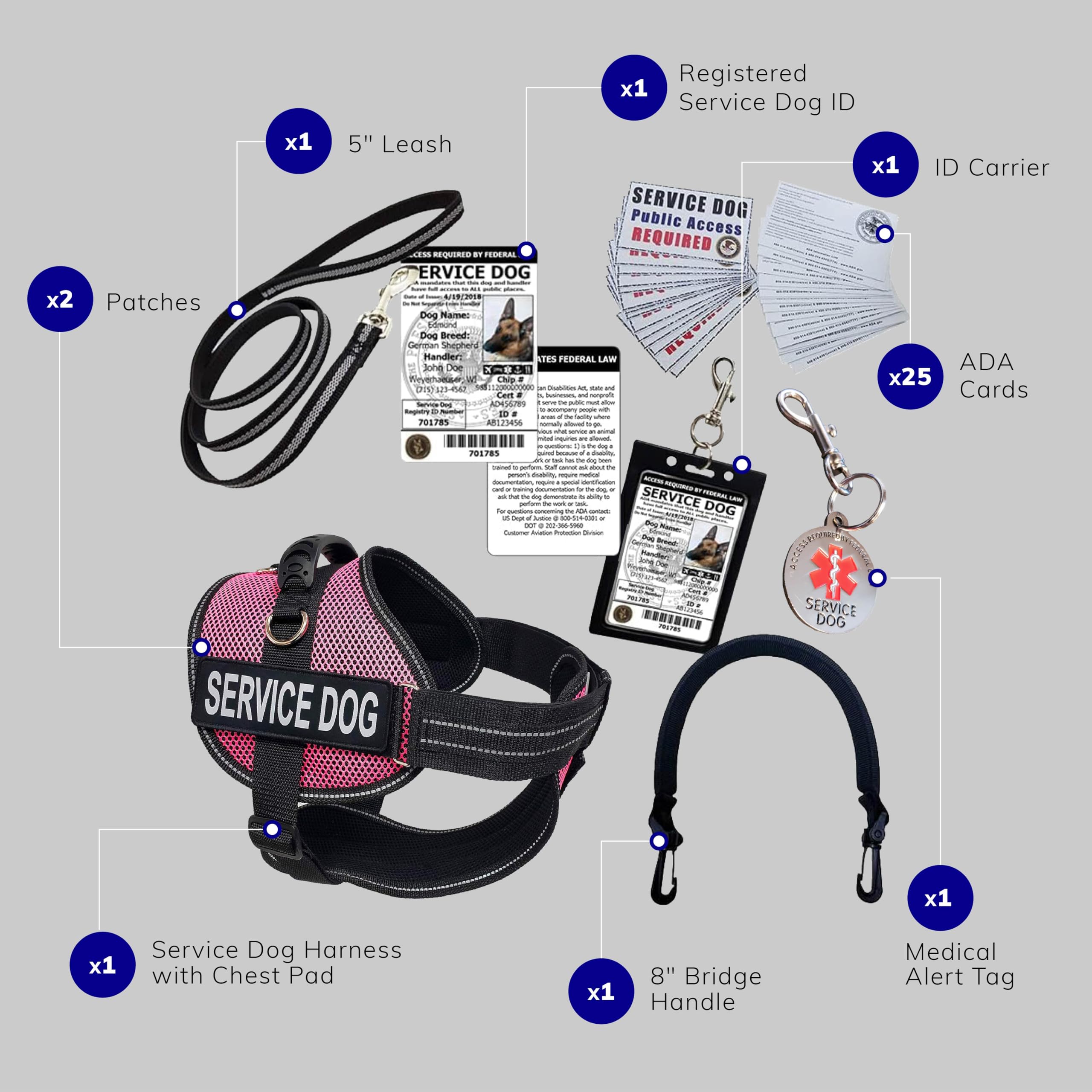 Activedogs Full Service Dog Kit - Xl Pink - Service Dog Vest Harness With Handle, Service Dog Id, Id Holder, Ada Service Dog Cards, Medical Alert Keychain, Service Dog Leash & Service Dog Patches