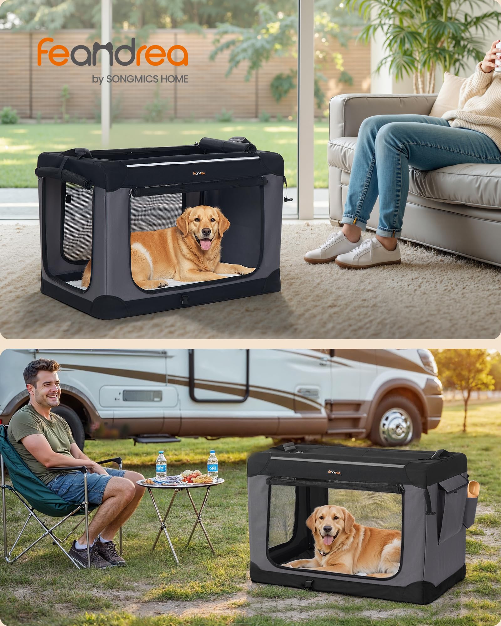 Feandrea 36-Inch Collapsible Dog Crate - Portable XL Oxford Fabric Pet Carrier, Ink Black with 4 Mesh Doors & Storage Pocket