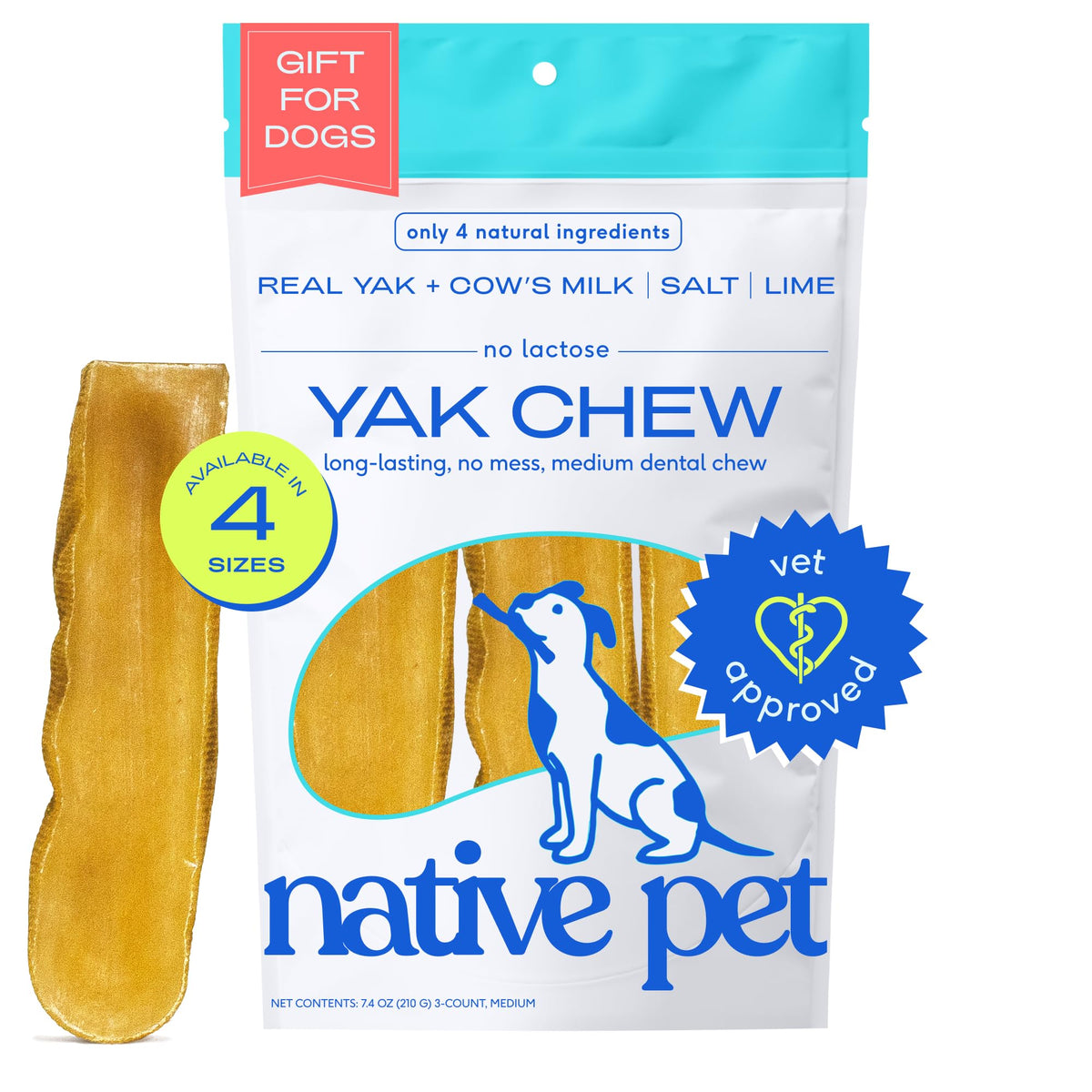 Native Pet Yak Cheese Himalayan Dog Chews - Long Lasting Dental Sticks For Medium Breeds – 100% All Natural Himalayan Yak Chews For Medium Dogs – Cheese Bone For Aggressive Chewers - 3 Per Pack