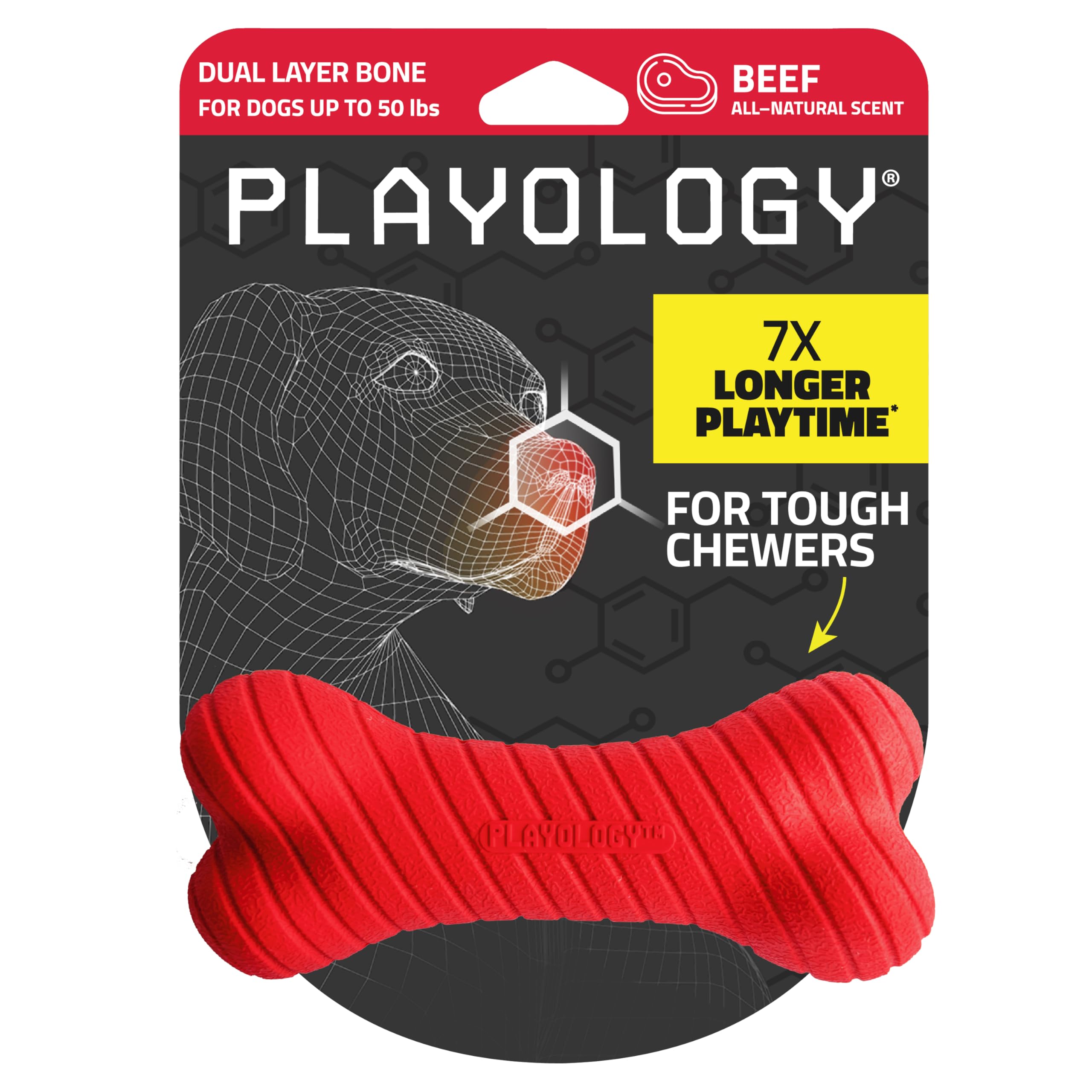 Playology Dual Layer Bone | Engaging All Natural Beef Scented Dog Toy, Red Bone For Medium Dogs Up To 50Lbs | Interactive & Dura