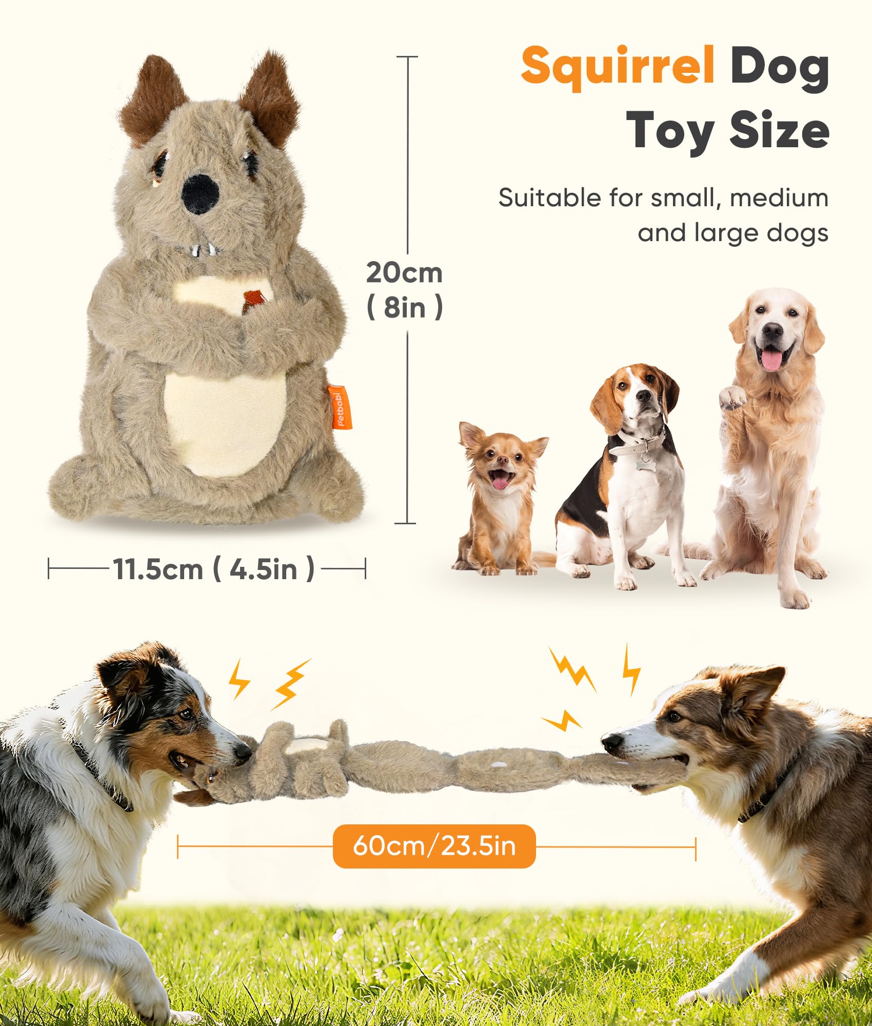 Petbobi Squeaky Dog Toy - Interactive Plush Squirrel Enrichment Toy with Treat-Hiding Pockets & Slow Feeder Puzzle for Small & M