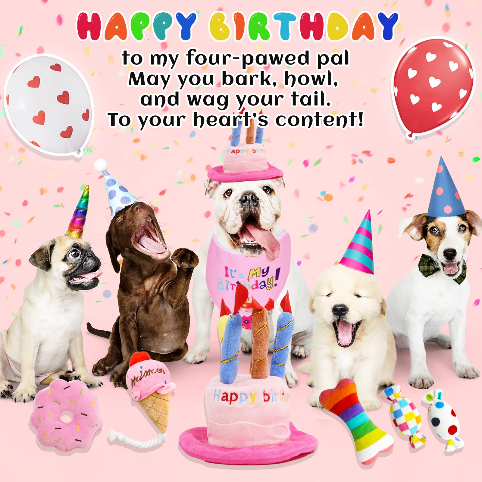 Lilfrd Dog Birthday Toys Girl, Squeaky Plush Birthday Cake Hat Bandana, Birthday Gifts For Small & Medium Dog, 9 Pack Pink