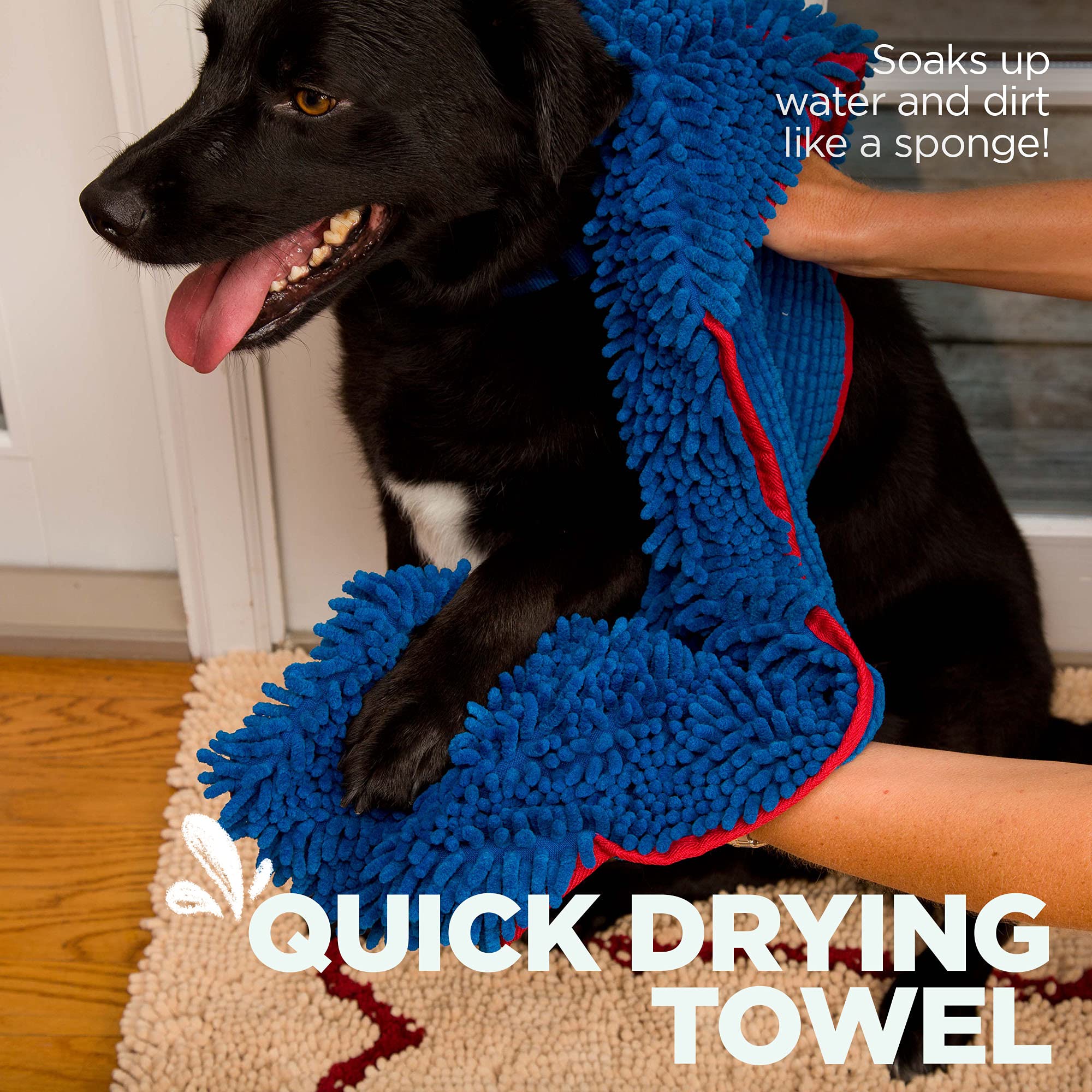Soggy Doggy Super Shammy Dog Towel, Washable Microfiber Dog Towels For Drying Dogs And Cleaning Paws, Fast-Drying Dog Bath Towel With Hand Pockets, Blue/Red Trim, 31 X 14 Inches