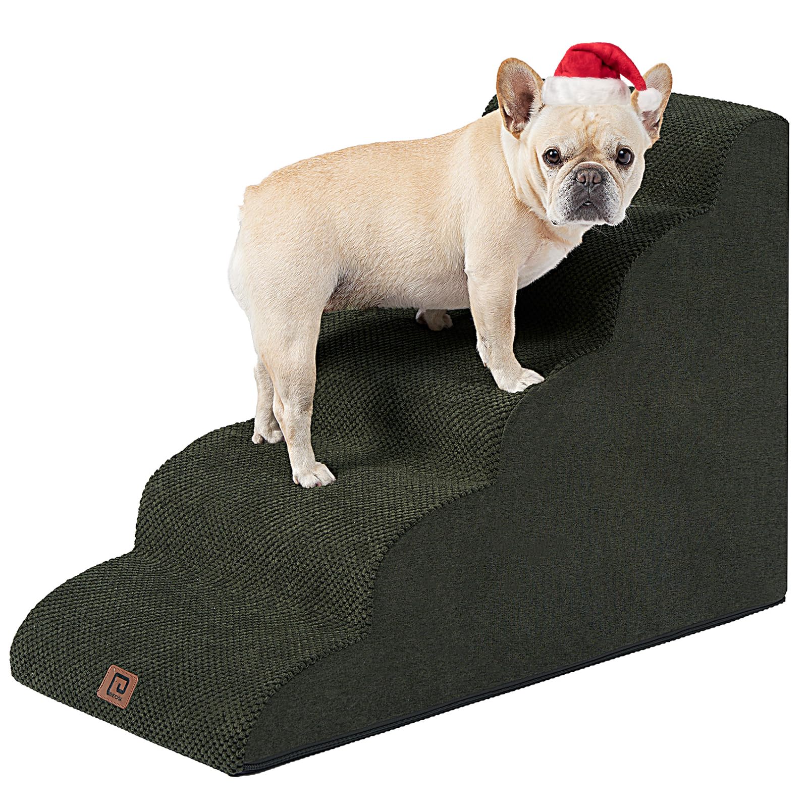 Eheyciga Curved Dog Stairs Ramp For High Beds 22.6' H, 5-Step Dog Steps For Small Dogs And Cats, Pet Stairs For High Bed Climbing, Non-Slip Balanced Pet Step Indoor, Olive Green