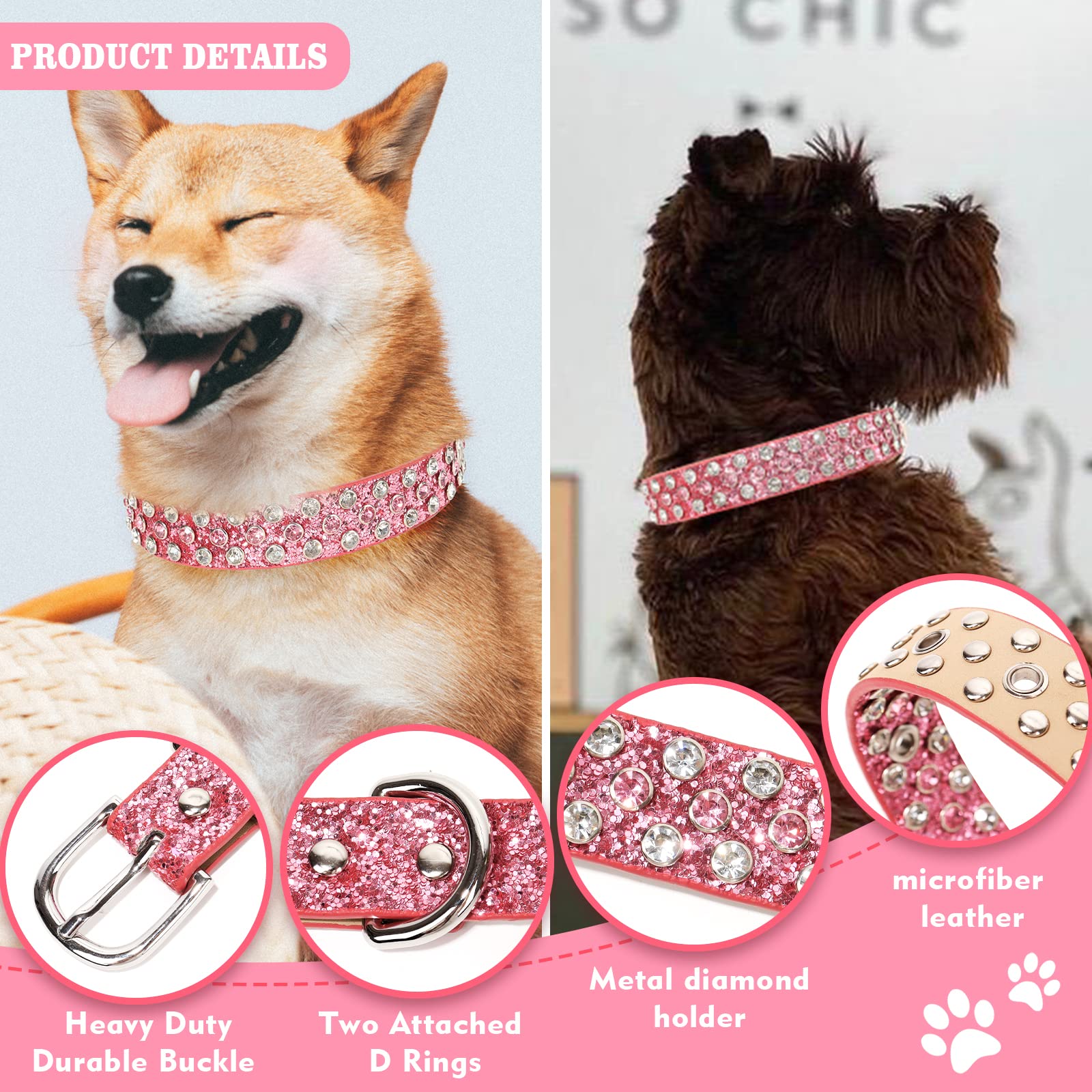 Octbersieg Rhinestone Leather Dog Collar Bling Dog Collars For Small Medium Large Dogs - Soft Microfiber Leather With Adjustable