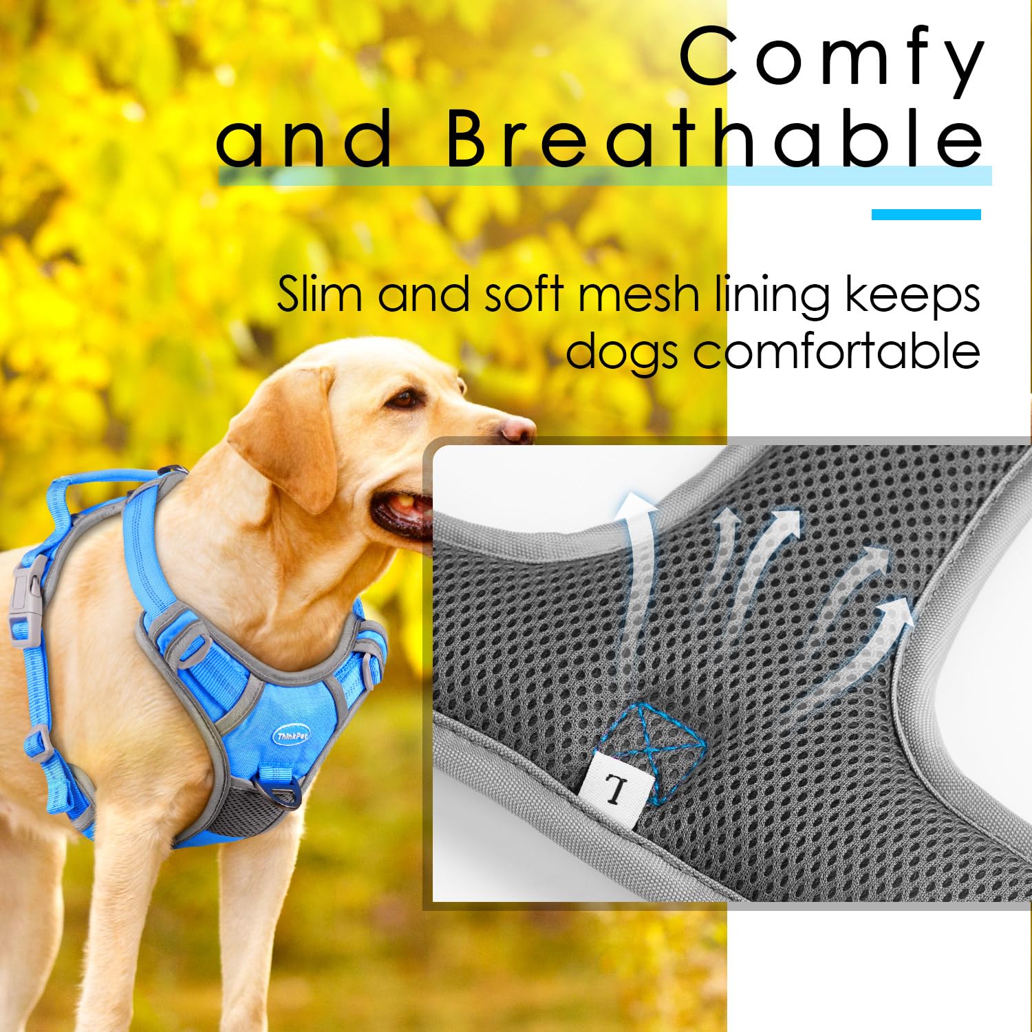 Thinkpet No Pull Harness Breathable Sport Harness With Handle-Dog Harnesses Reflective Adjustable For Medium Large Dogs,Back/Front Clip For Easy Control S Sky Blue