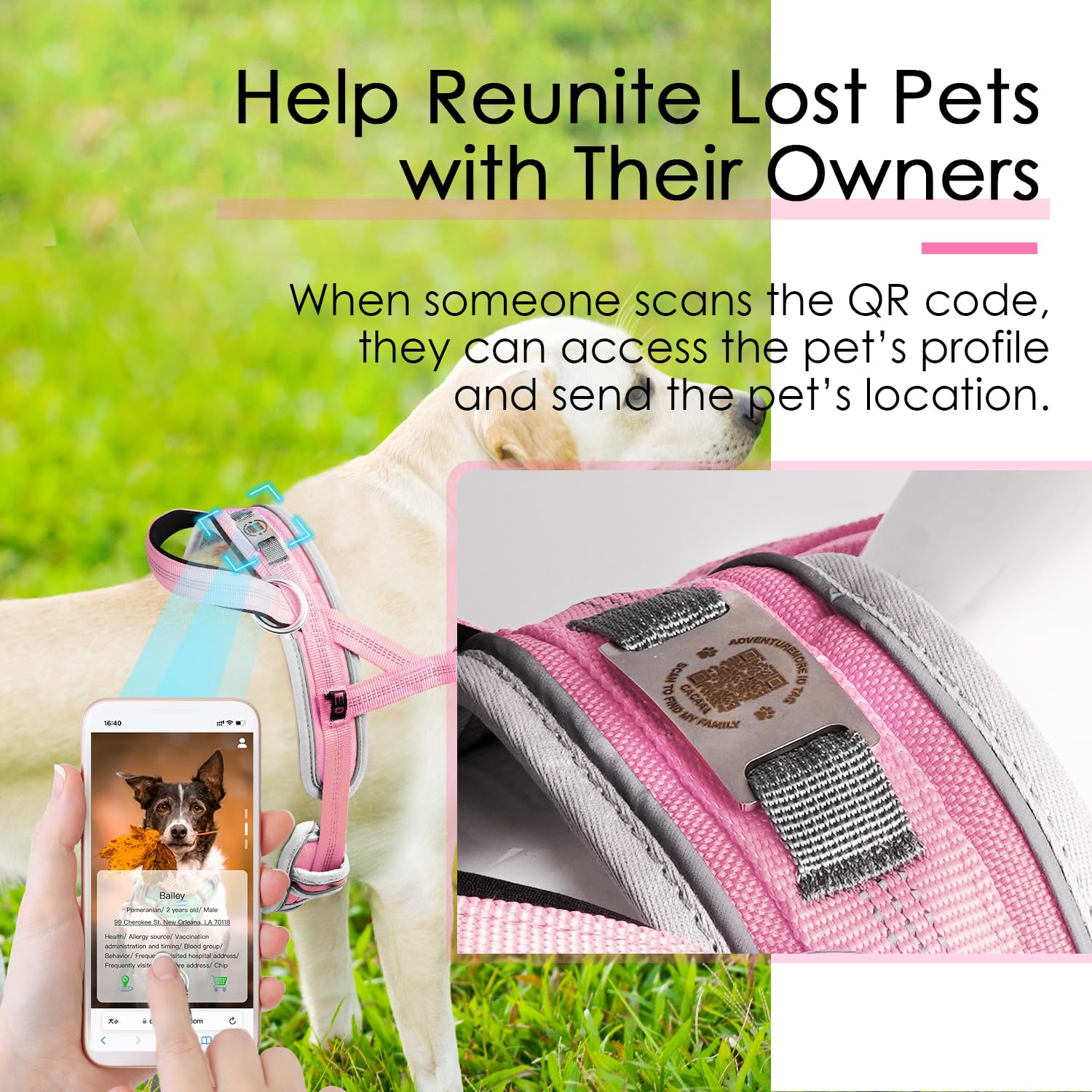 ADVENTUREMORE No Pull Dog Harness for Large Dogs, Adjustable Reflective Nylon Vest, Pink with QR Code Tag, Easy Control Front Clip