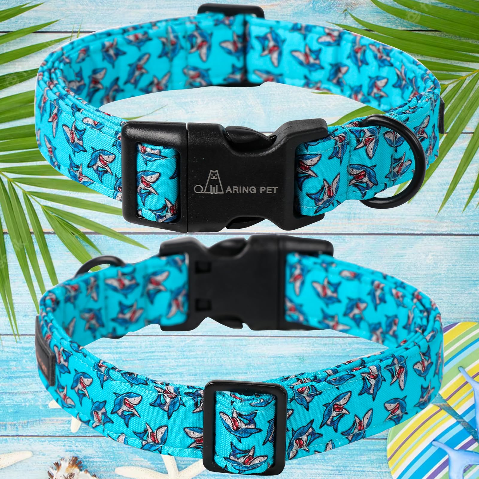 Aring Pet Summer Dog Collar-Cotton Lightweight Blue Dog Collars, Adjustable Shark Pet Collar Puppy Collars With Quick Release Bu