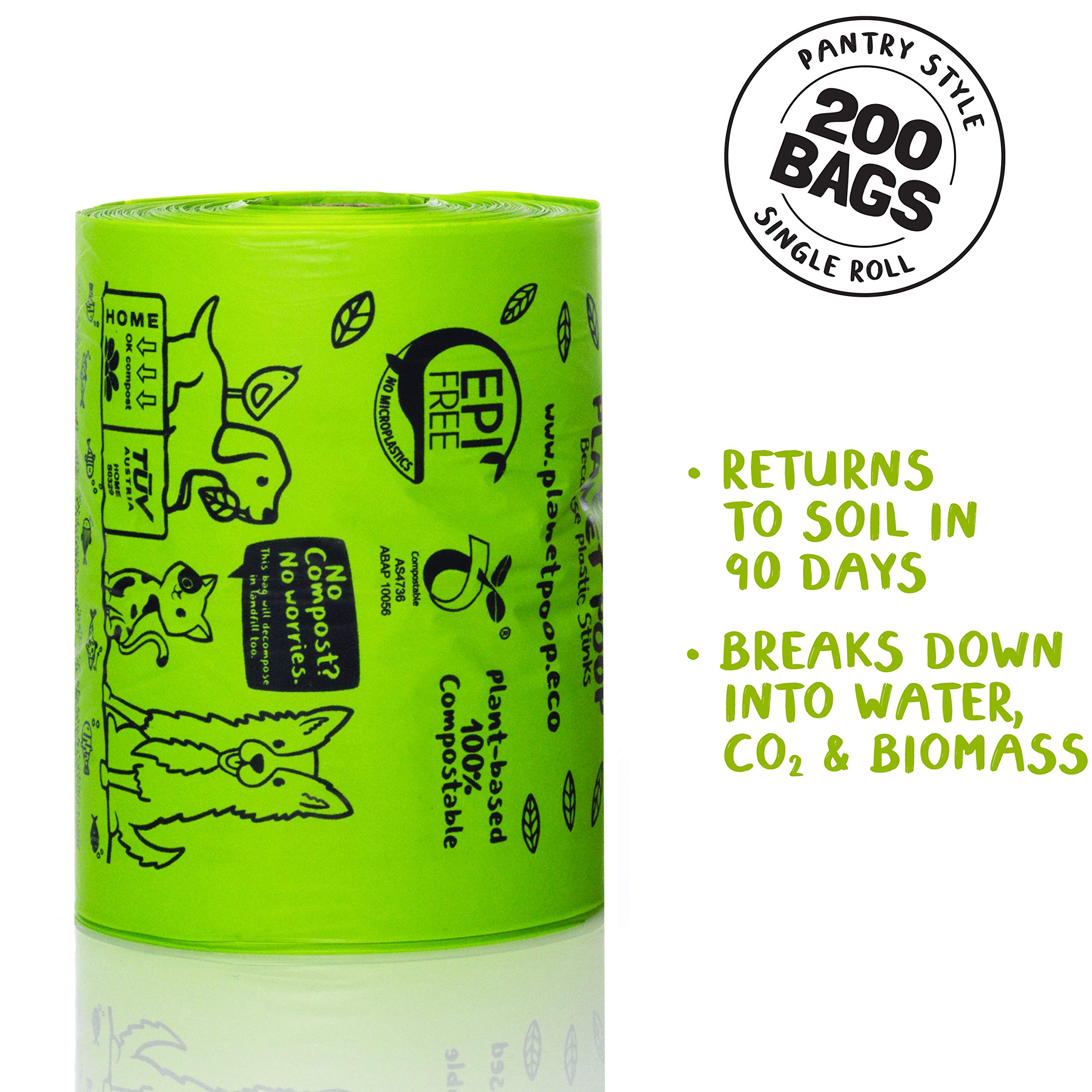 Planet Poop Compostable Dog Poop Bags For Small Pets, Large Single Roll 200 Mini Size Grab & Go, Biodegradable Un-Scented Dog Wa