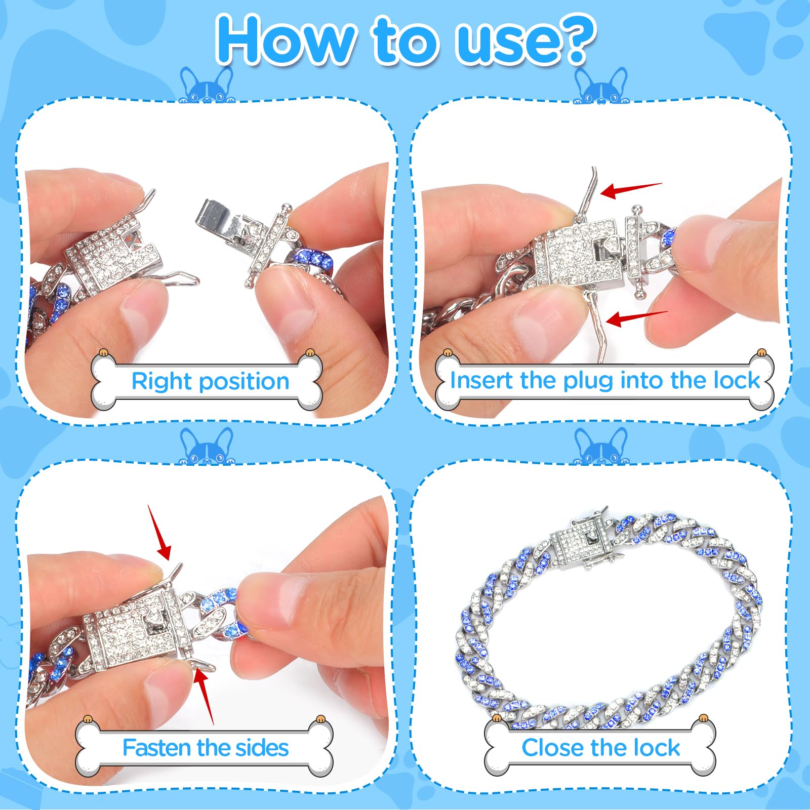 14Inch Glitter Dog Chain Collar Blue Silver Diamond Dog Collars Cuban Dog Chains Necklace Puppy Pet Metal Link Chain With Buckle Christmas Pet Jewelry Accessories Chain For Small Medium Dogs Cats