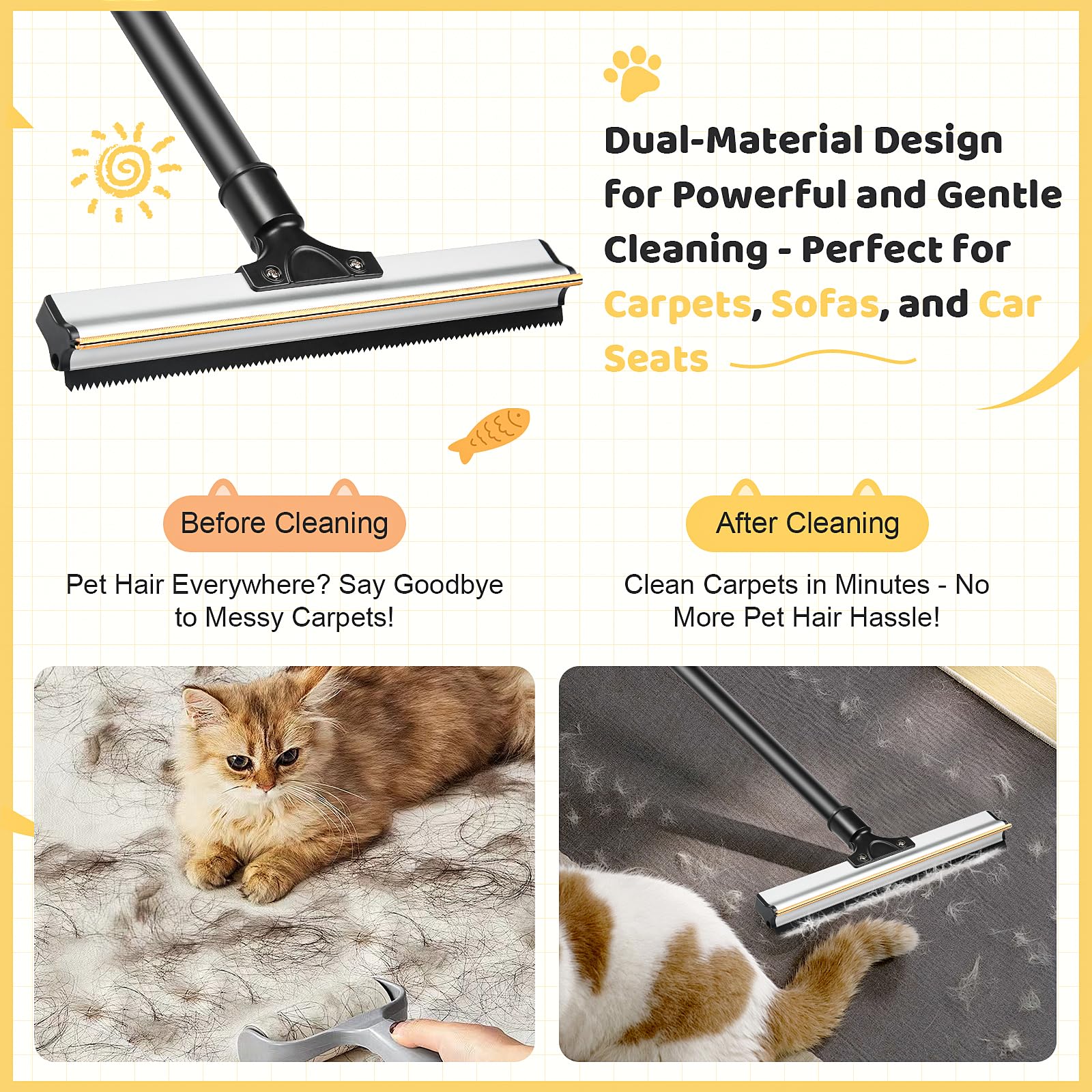 Bisenkud Pet Hair Carpet Rake - Dual-Material Cleaning Tool for Efficient Pet Hair Removal on Carpets, Sofas, and Car Seats