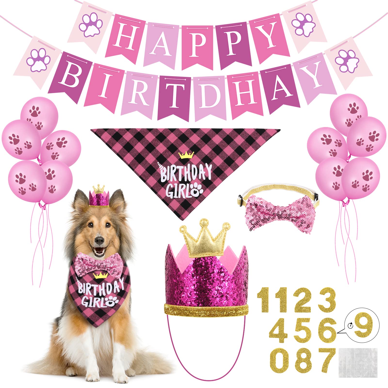 Selemoy Dog Birthday Party Supplies, Dog Birthday Hat Bandana Scarf With Cute Bow Tie, Flag, Balloons For Small Medium Dogs Pets