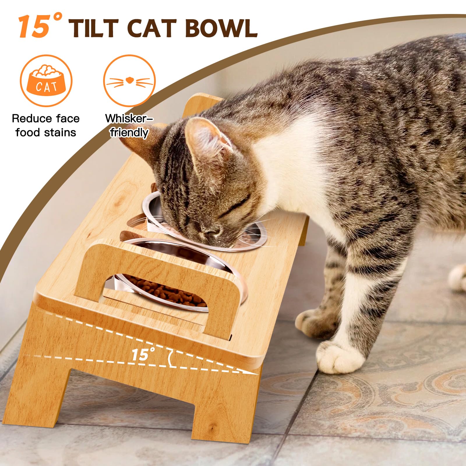 Woodever Elevated Cat Bowls Set - 3 Stainless Steel Raised Feeding Bowls, 15° Tilt, Natural Wood Finish, Anti-Vomiting, Dishwasher Safe