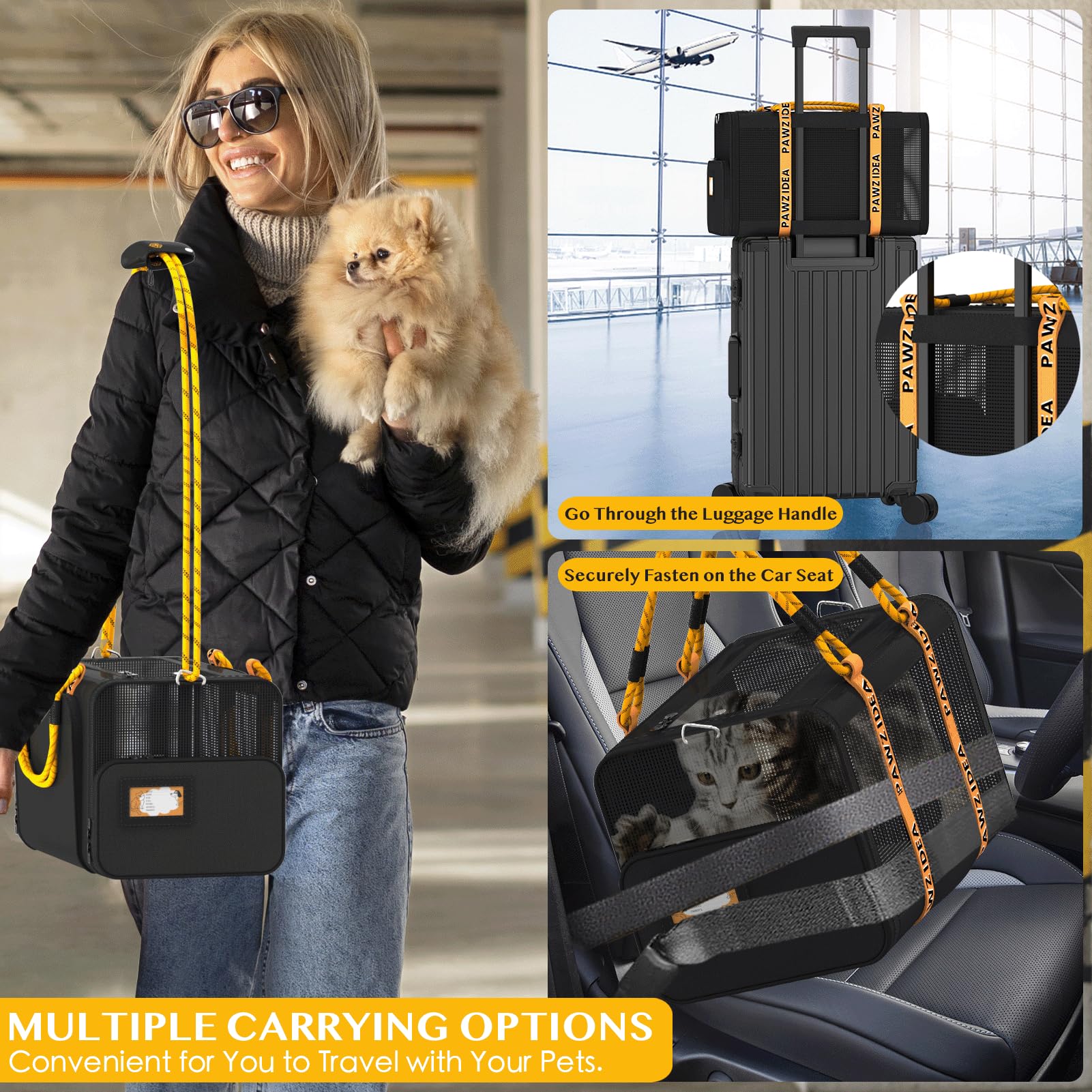 Pawzidea Double Pet Stroller With 2 Detachable Carriers, Tsa Approved Expandable Cat Carrier Bag, Seatbelt Pet Travel Car Seat,
