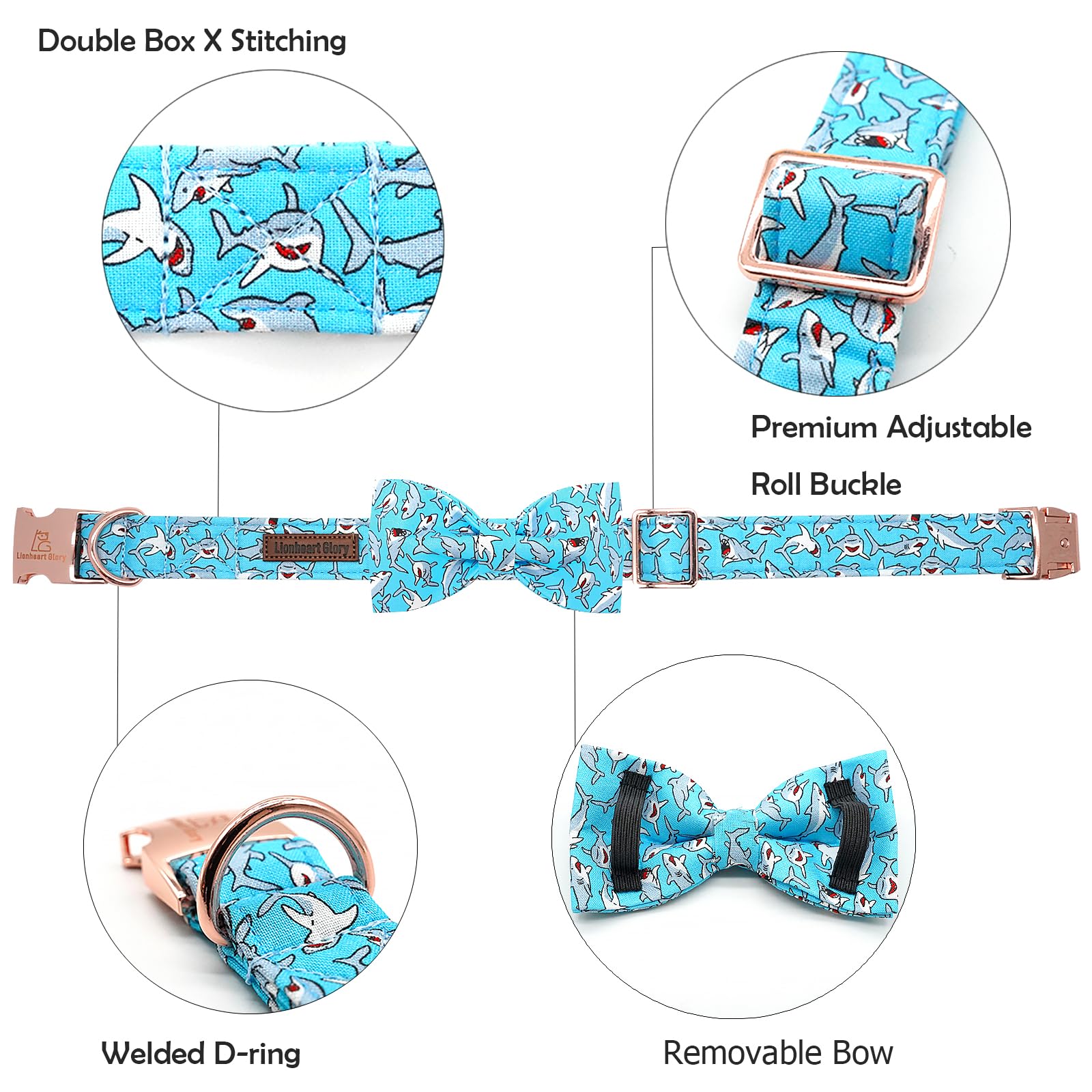 Lionheart glory Dog Collar Bow Collar Blue Dog Collar with Bow Shark Print Collar Dog Boy or Girl Soft Durable Adjustable Dog Co
