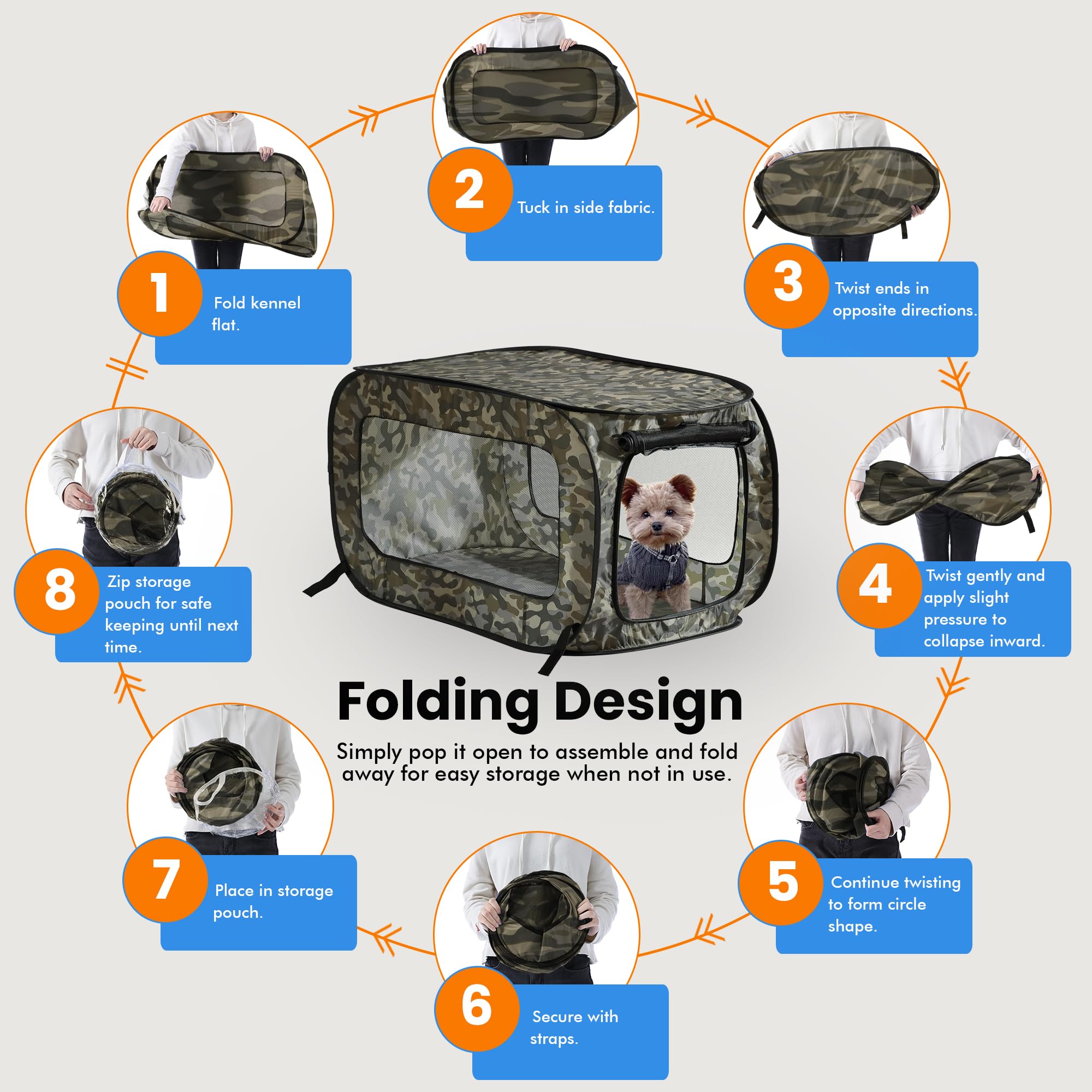 Beatrice Home Fashions Portable, Collapsible, Pop Up Kennel Travel Cat And Dog Crate, 40'' L X 27'' W X 27'' H, Camo Green
