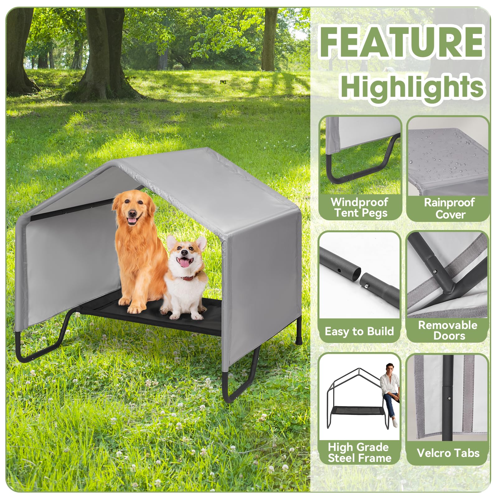 Dog Shade Shelter Outdoor Tent for Large Medium Dogs, 3.4'x3.4'x3.2' Outdoor Pet Tent Weatherproof, Outside Sun Rain Canopy Pet