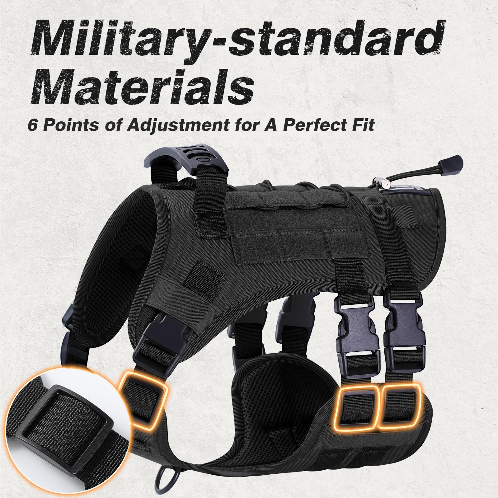 Yungaspy No Pull Tactical Dog Harness for Large Dogs, Escape Proof Molle Dog Vest Harness and Leash Set, Adjustable Military Ser