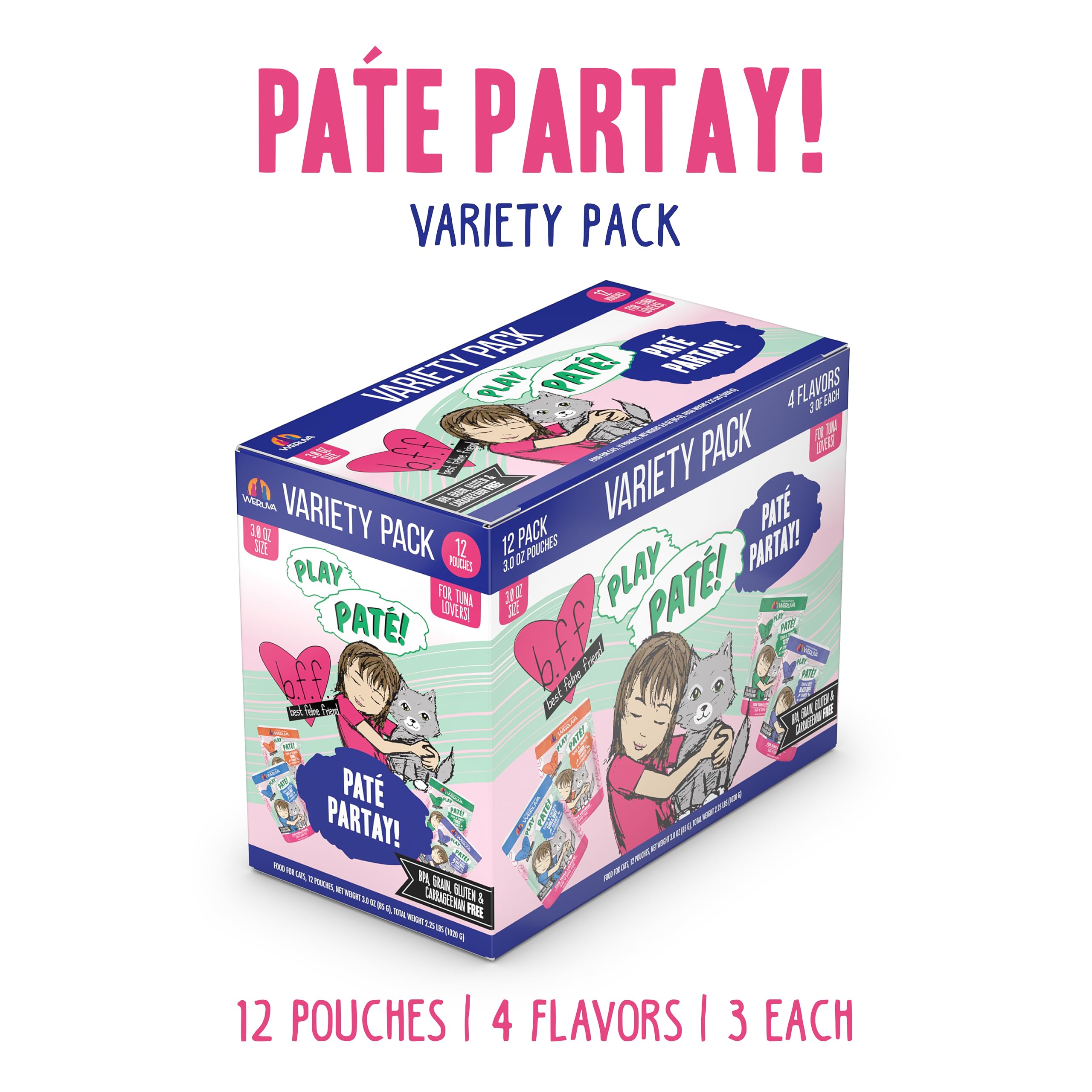 Weruva B.F.F. Play - Best Feline Friend Pat   Lovers, Aw Yeah!, Pat   Partay! Variety Pack, 3oz Pouch (Pack of 12)