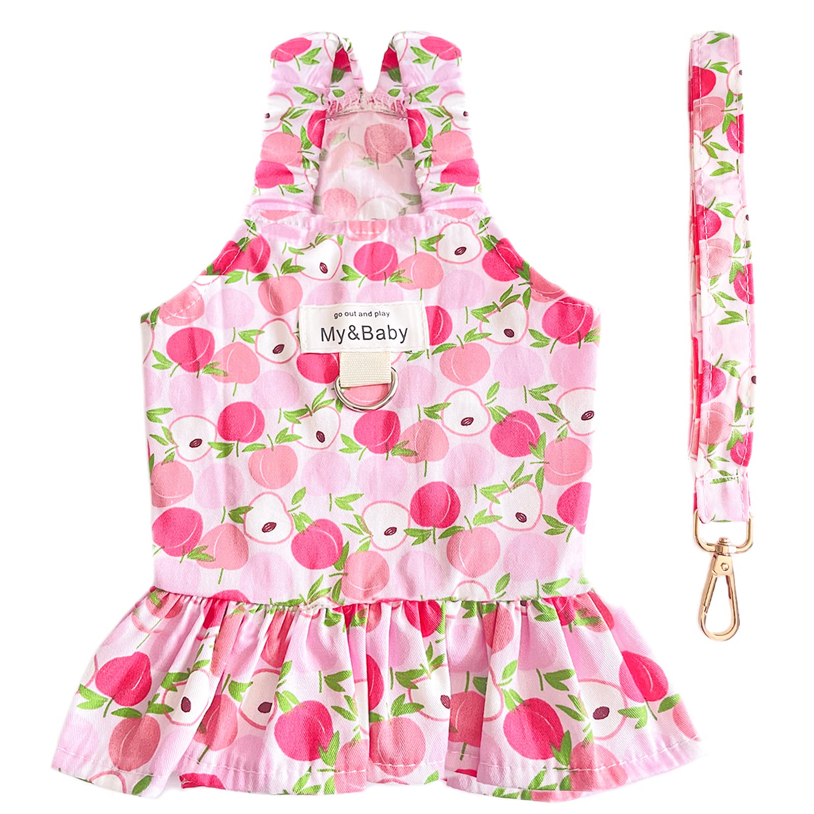 Petpubgnzs Small Dog Dress Harness And Leash Set - Cute Princess Dog Dresses, Soft Fruit Print, Pink Apple, Xl