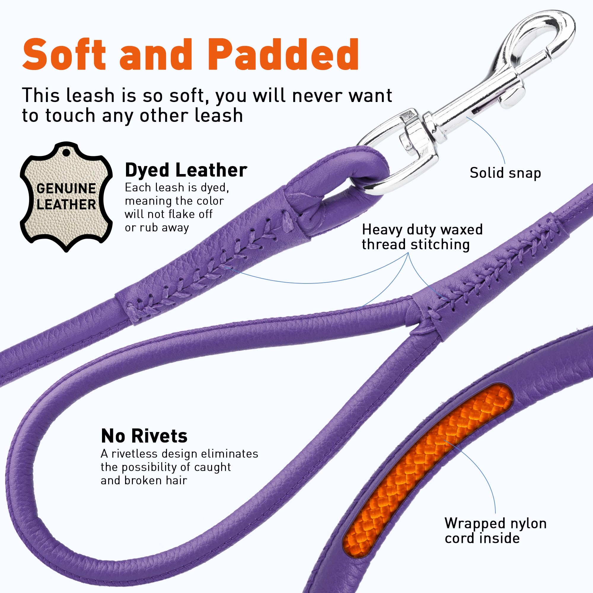 Dogline 1/4-Inch Wide Soft Padded Rolled Round Leather Dog Leash Lead, 4-Feet, Purple