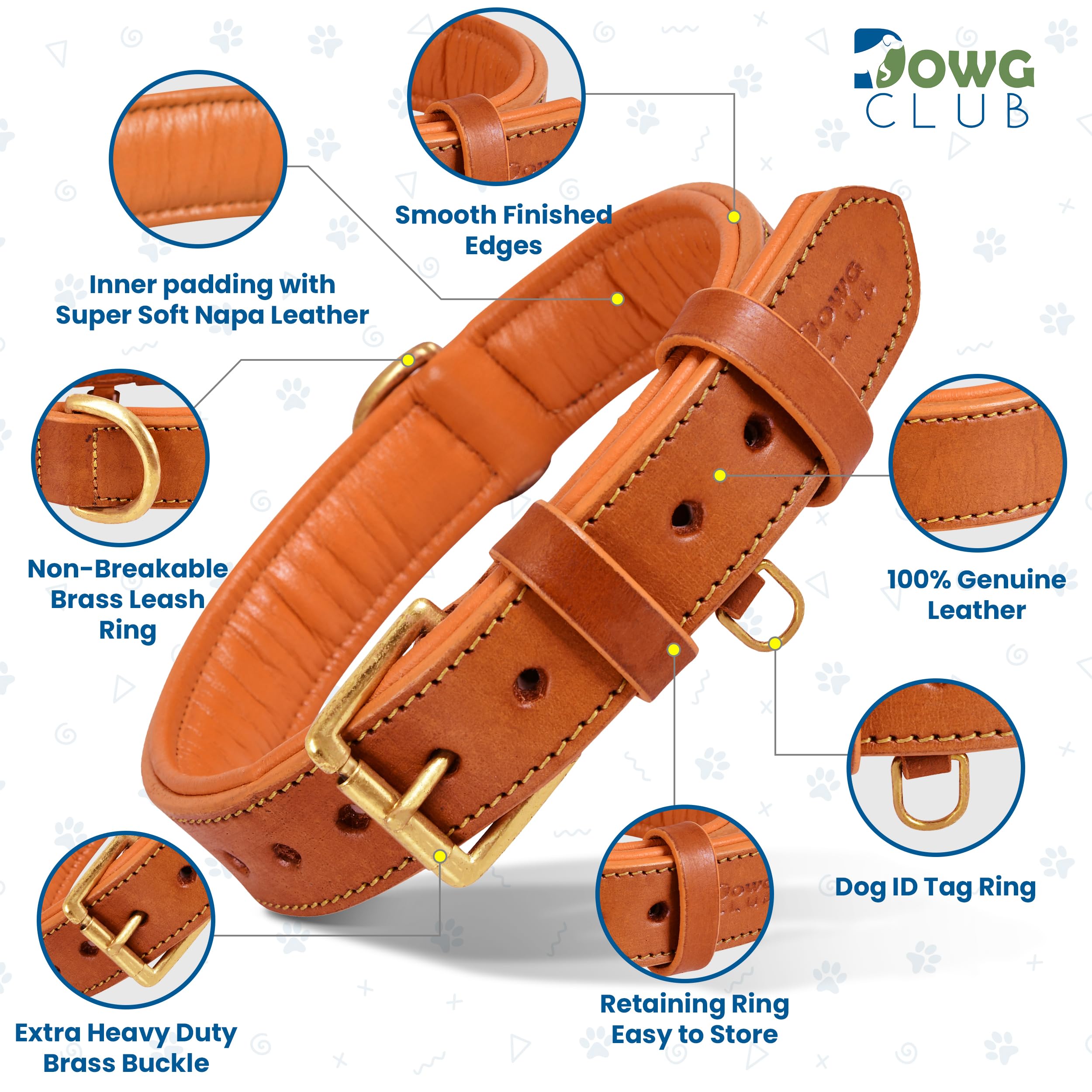 Dowgclub | Genuine Leather Dog Collar | Full Grain, Heavy Duty | Comfortable, Padded, Strong | Best For Pups, Small, Medium, Lar
