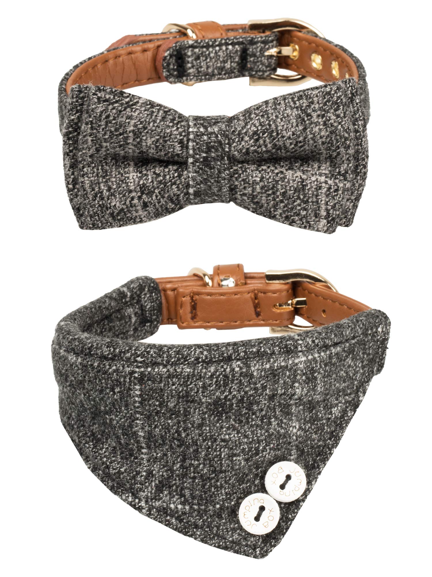 Gyapet Small Dog Collar For Dogs Cat Bow Tie Puppy Kitten Bandana 2Pcs Pu Leather Canvas Scarf Camo Grey Classic