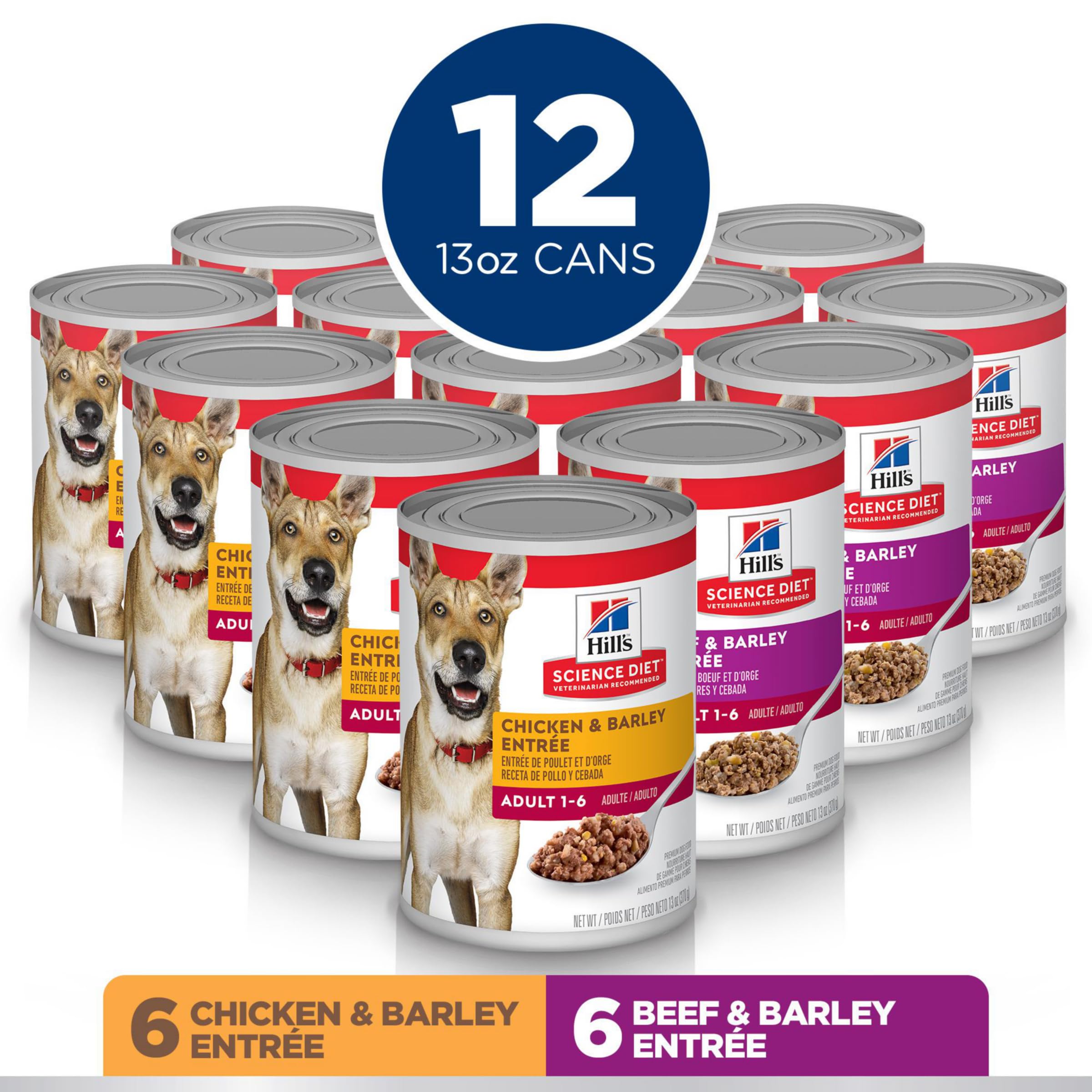 Hills Science Diet Adult 1-6, Adult 1-6 Premium Nutrition, Wet Dog Food, Variety Pack: Chicken & Barley; Beef & Barley Loaf, 13
