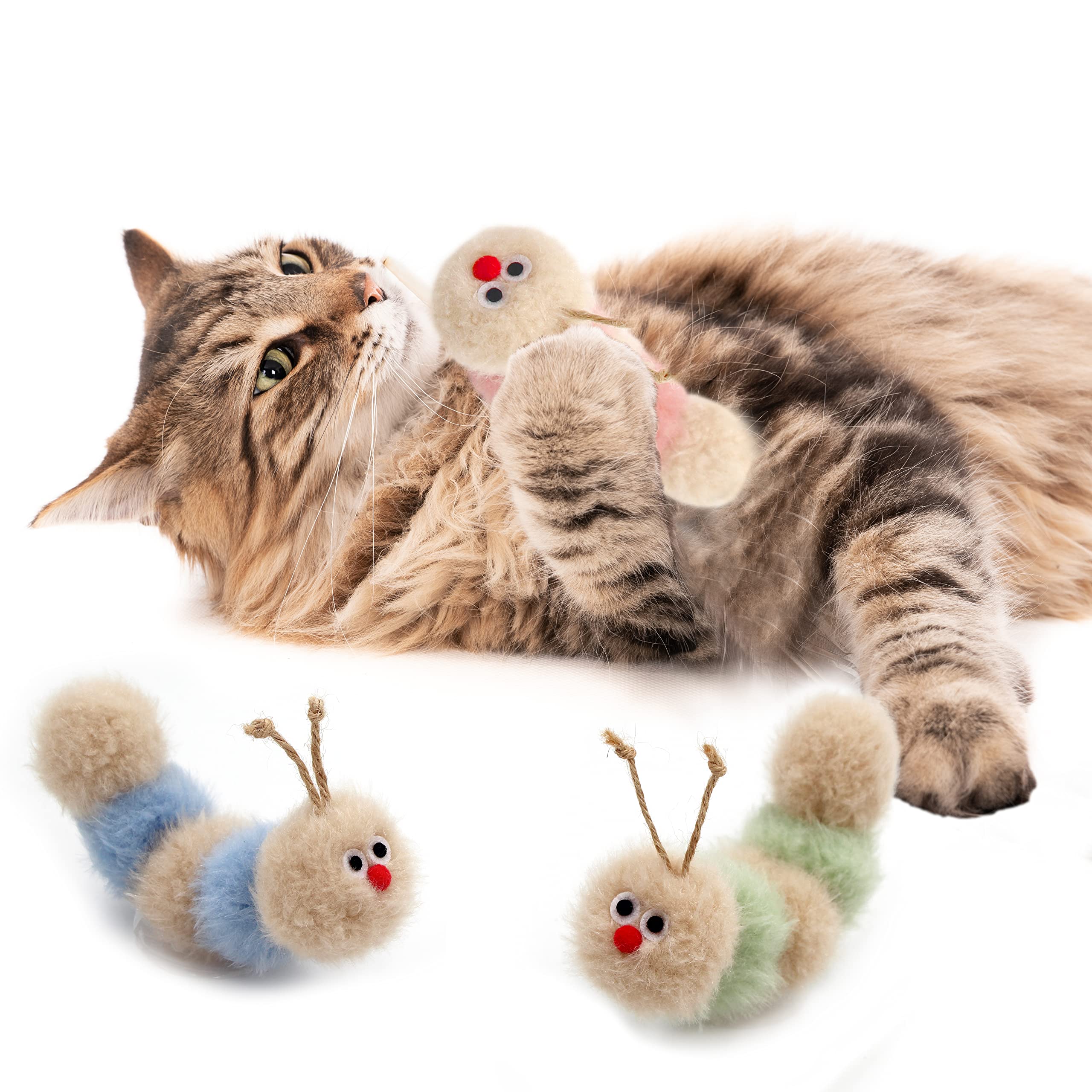 Jumpaws Interactive Natural 3 PK Catnip Toy, with Rattle, Bite Resistant, for All Ages Indoor Cat, Soft Caterpillar Toys, Fluffy