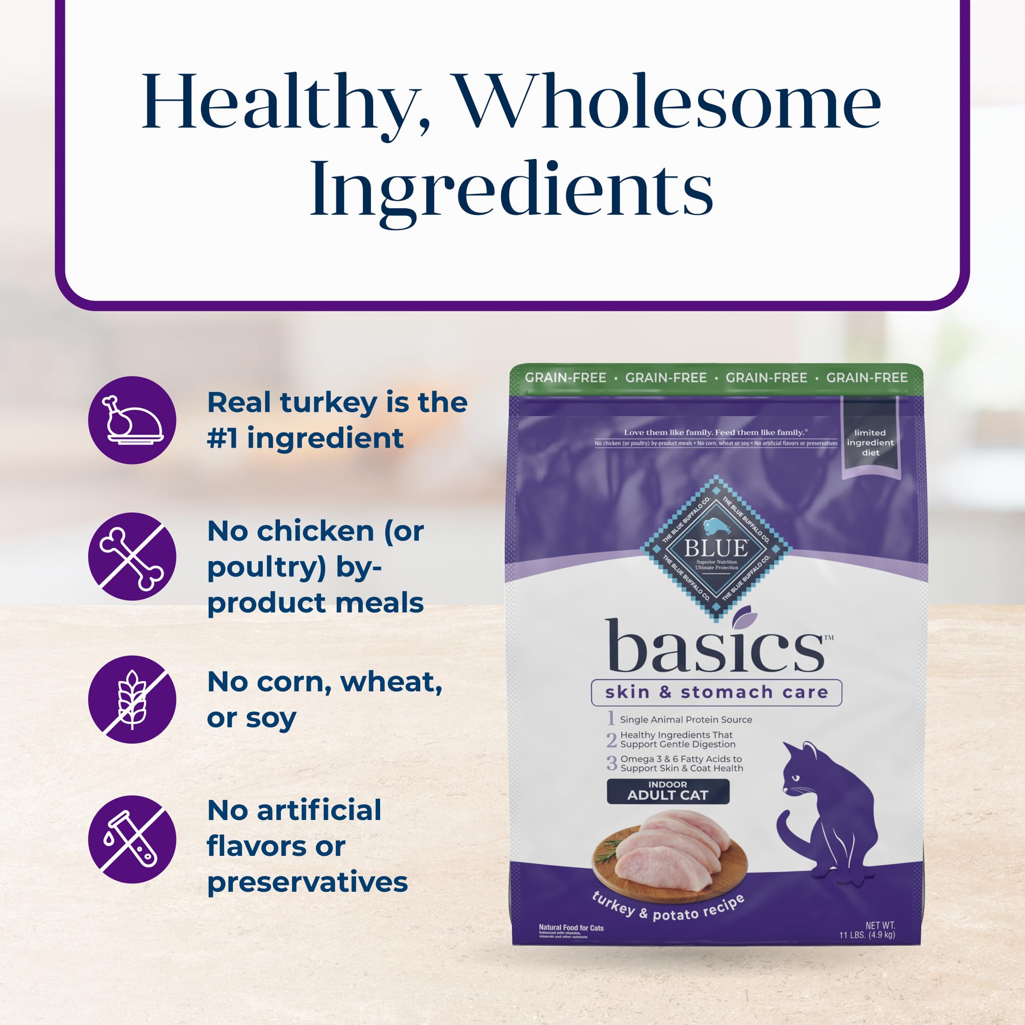 Blue Buffalo Basics Grain-Free Dry Cat Food, Skin & Stomach Care, Limited Ingredient Diet for Indoor Cats, Turkey & Potato Recip