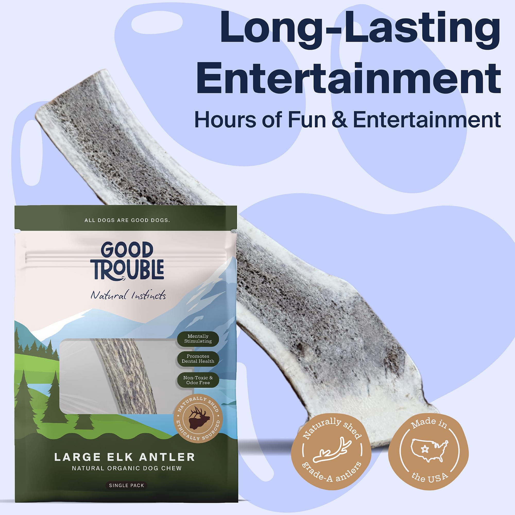 Good Trouble Pets Premium Elk Split Antlers For Large Dogs - All-Natural, Shed Antler Chews For Dental Health & Calming -Cruelty