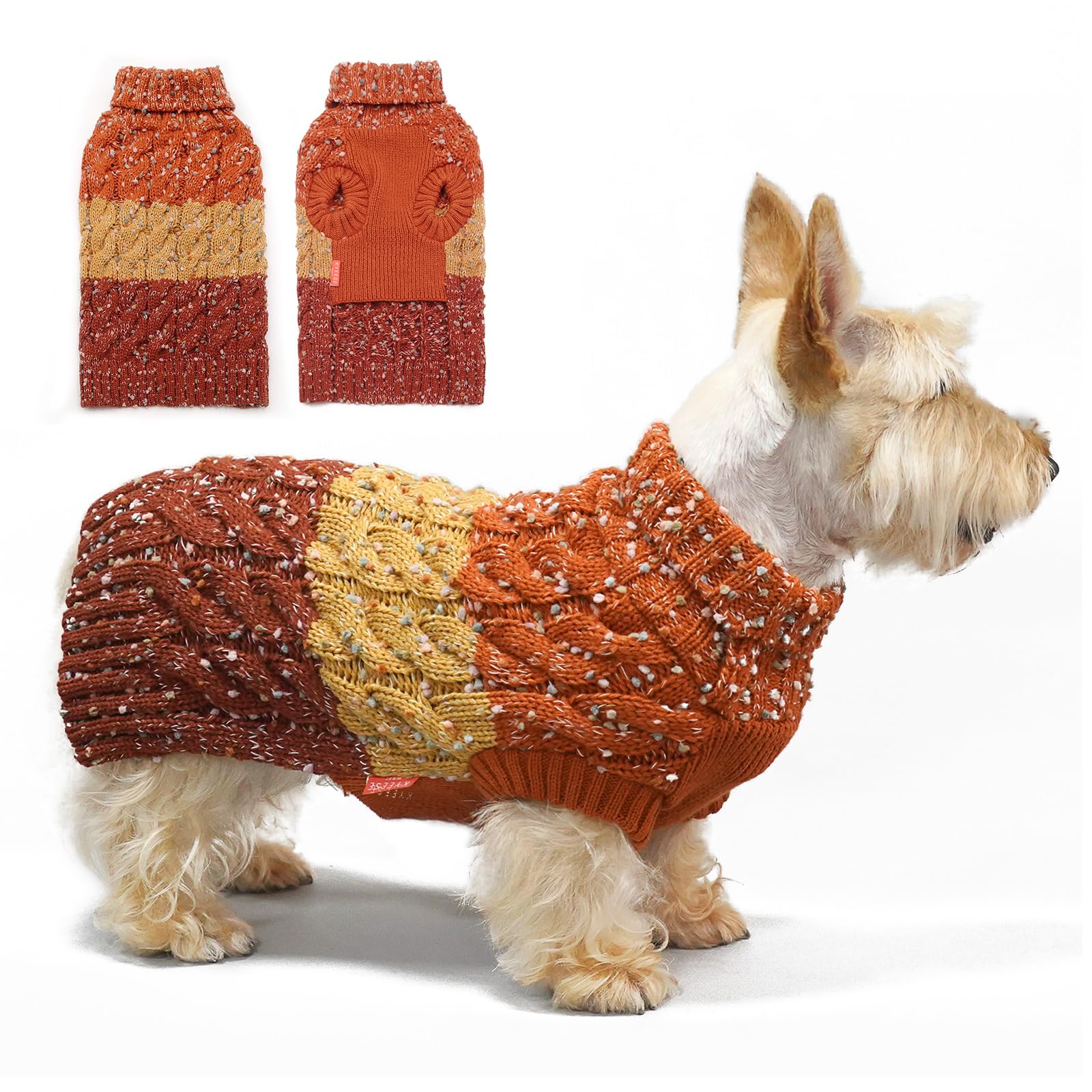 Kyeese Color Block Dog Sweater With Fuzzy Thread Knitted Turtleneck For Small Male Dogs - Soft Fall Winter Clothes, Brown, S