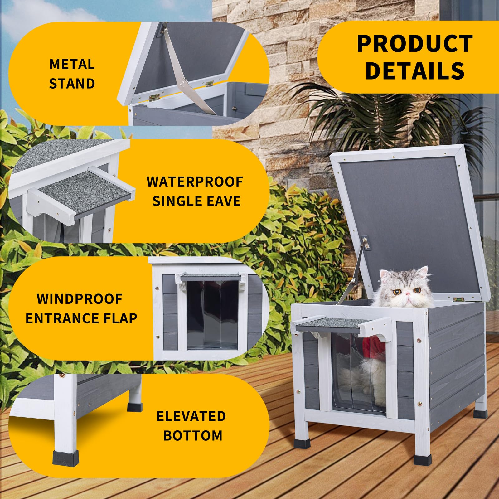 Geguri Outdoor Cat House, Weatherproof Shelter For Ferrel Cats, Dogs, Rabbits Hutch With Elevated Floor, Asphalt Roof
