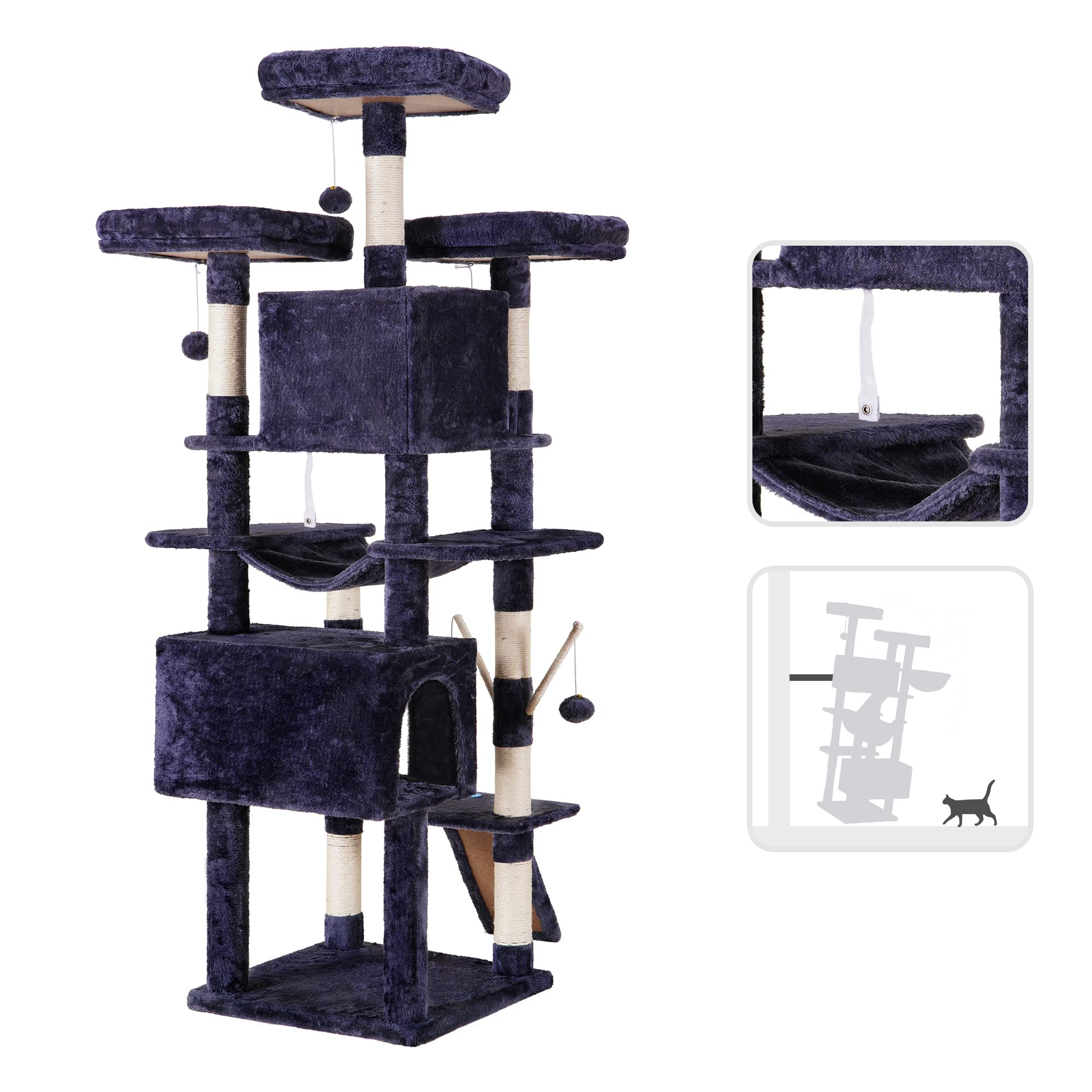 Hey-Brother Cat Tree, 71 Inches Xl Large Cat Tower For Indoor Cats, Multi-Level Cat House With 3 Padded Perches, Big Scratcher, Cozy Basket, 2 Cat Condos And Scratching Posts, Smoky Gray Mpj034G