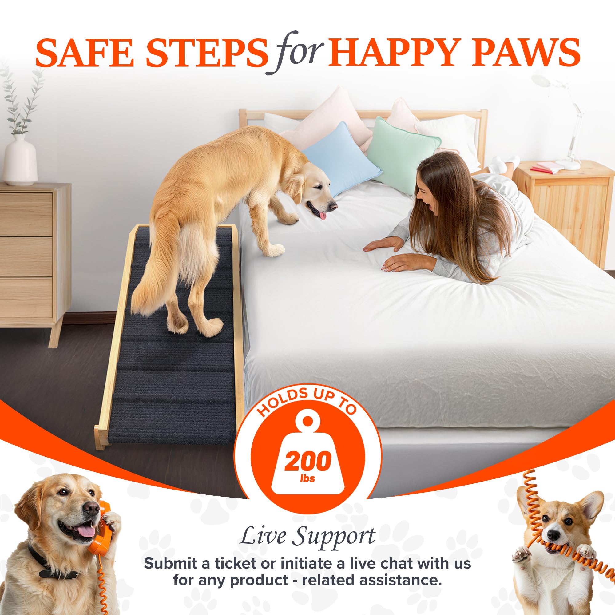 Pathosio Dog Ramp - Helps Dogs Of All Ages And Sizes Get On Beds - Adjustable Wooden Design - Portable Indoor/Outdoor Stairs (Na