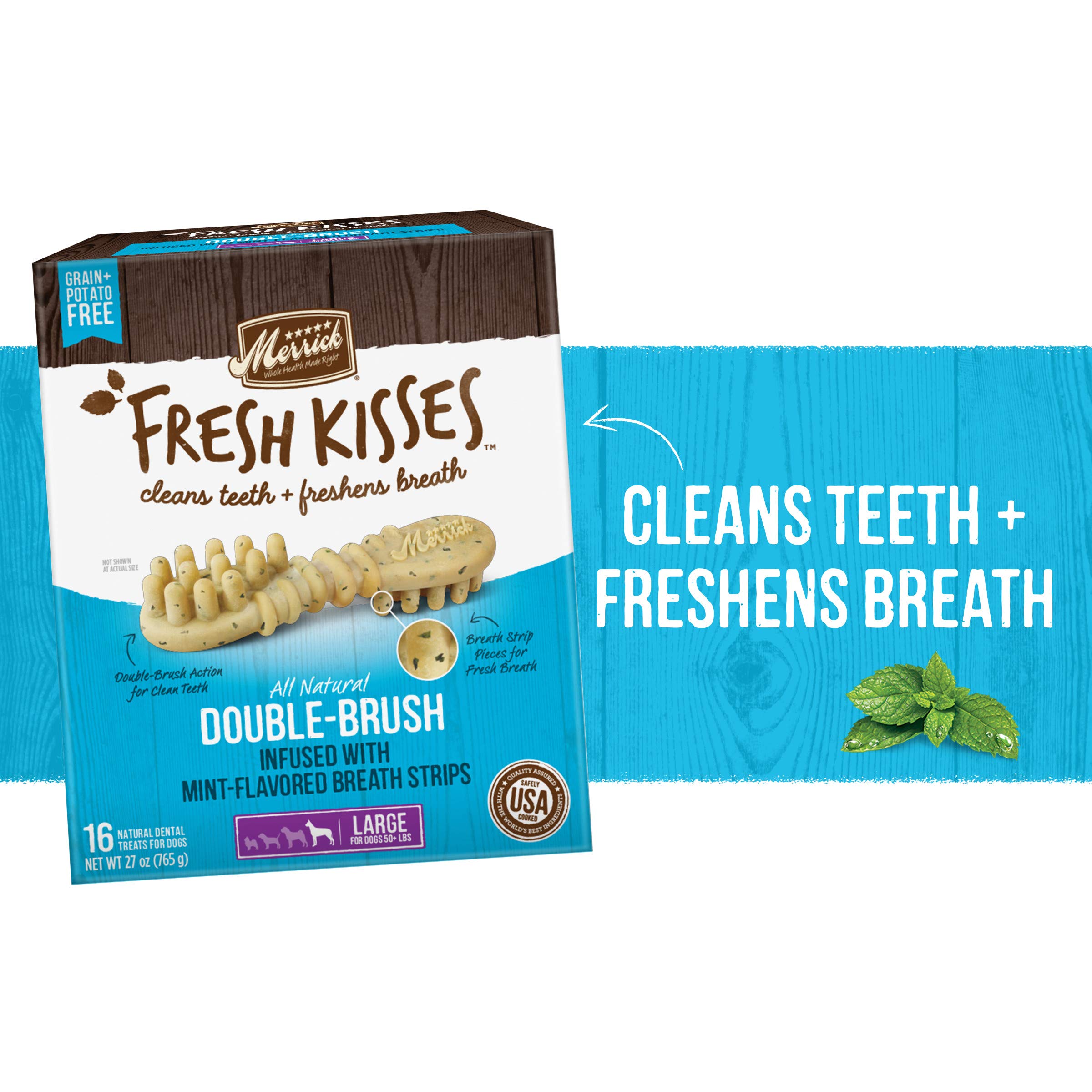 Merrick Fresh Kisses Natural Dental Chews, Toothbrush Shape Treat Infused With Real Mint, For Large Dogs - 22 ct. Box