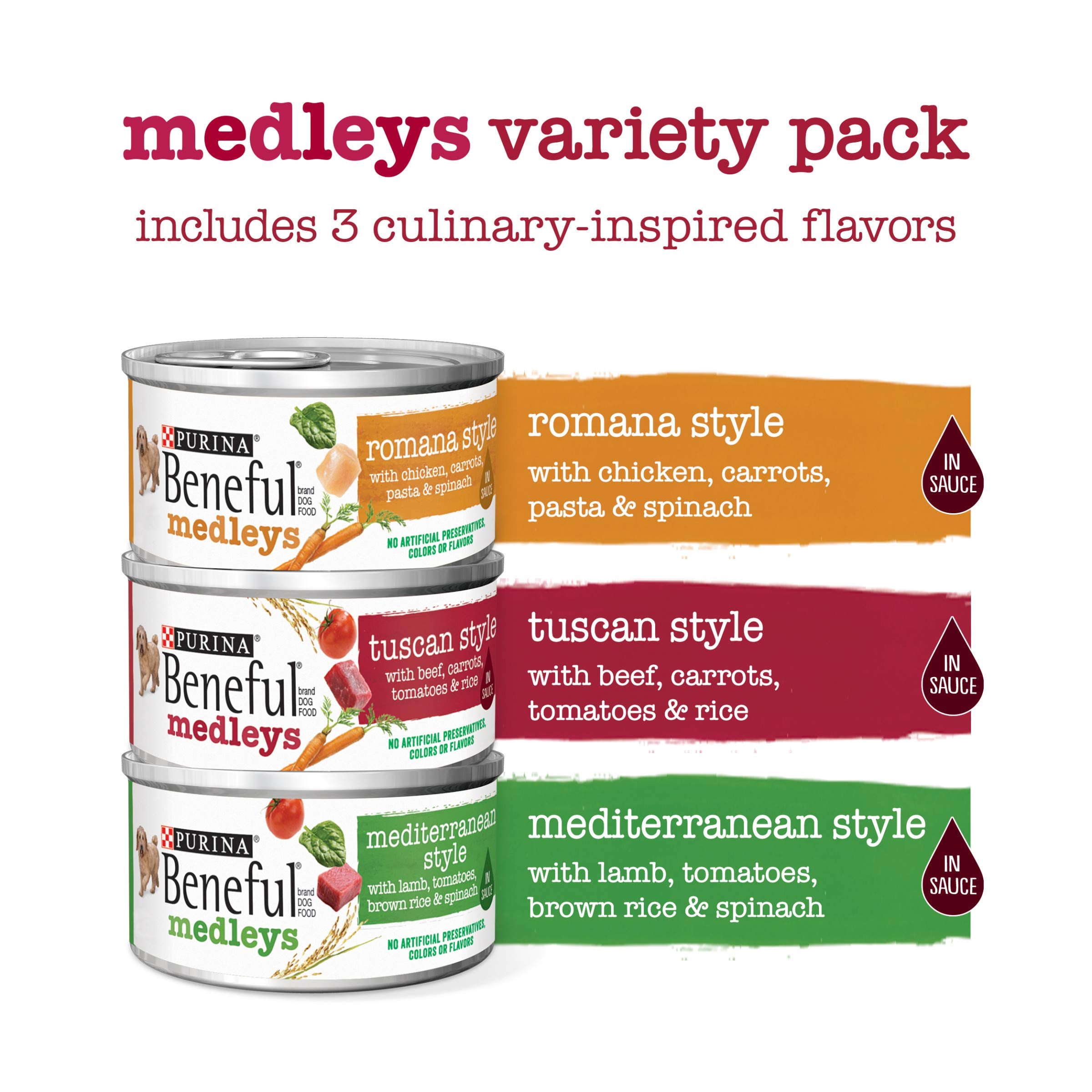 Purina Beneful Wet Dog Food Variety Pack, Medleys Tuscan, Romana & Mediterranean Style - (Pack of 30) 3 oz. Cans