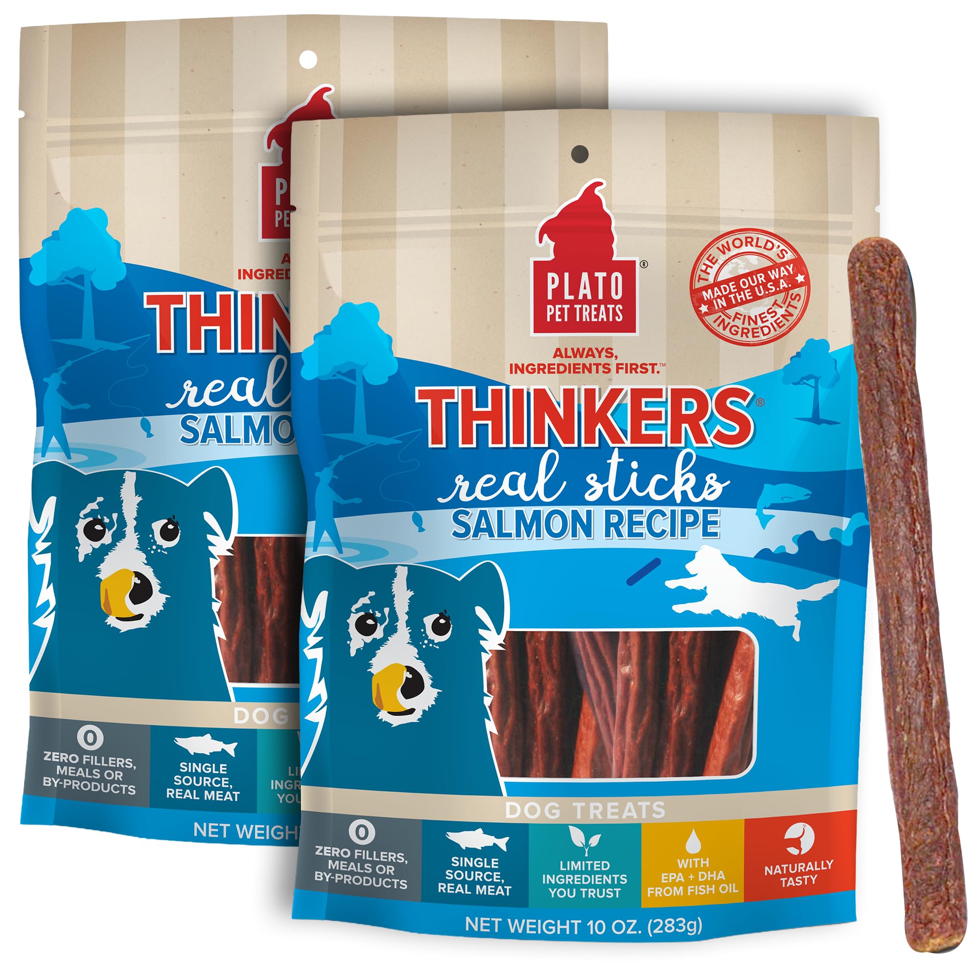 Plato Pet Treats Thinkers - Meat Stick Treats for Dogs - Limited Ingredient with EPA and DHA to Support Skin, Coat, and Brain - 