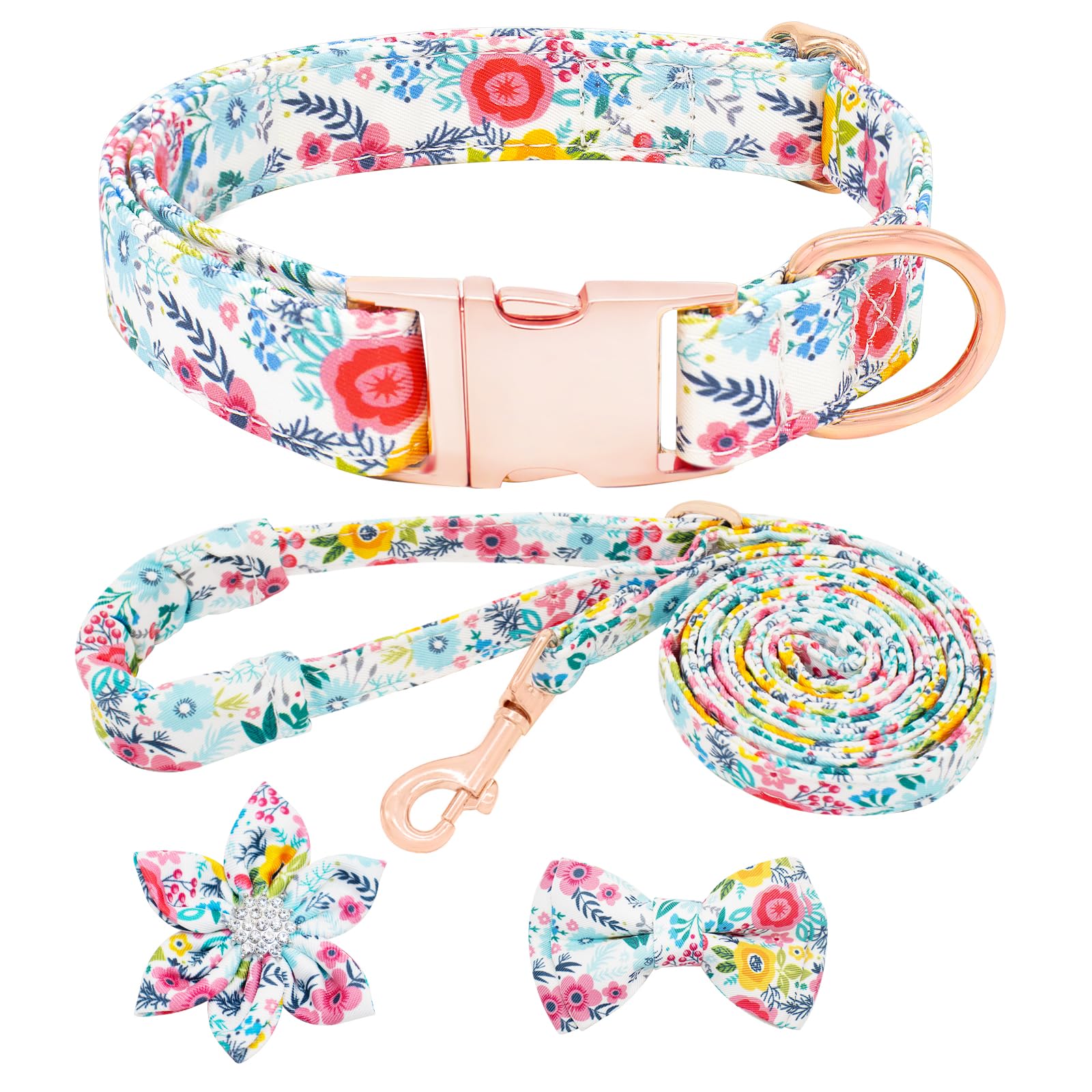 HSIGIO Dog Collar and Leash Set Girls Adjustable Puppy Collars with Floral Bow Tie for Small Medium Large Female Dogs, Teal Flow